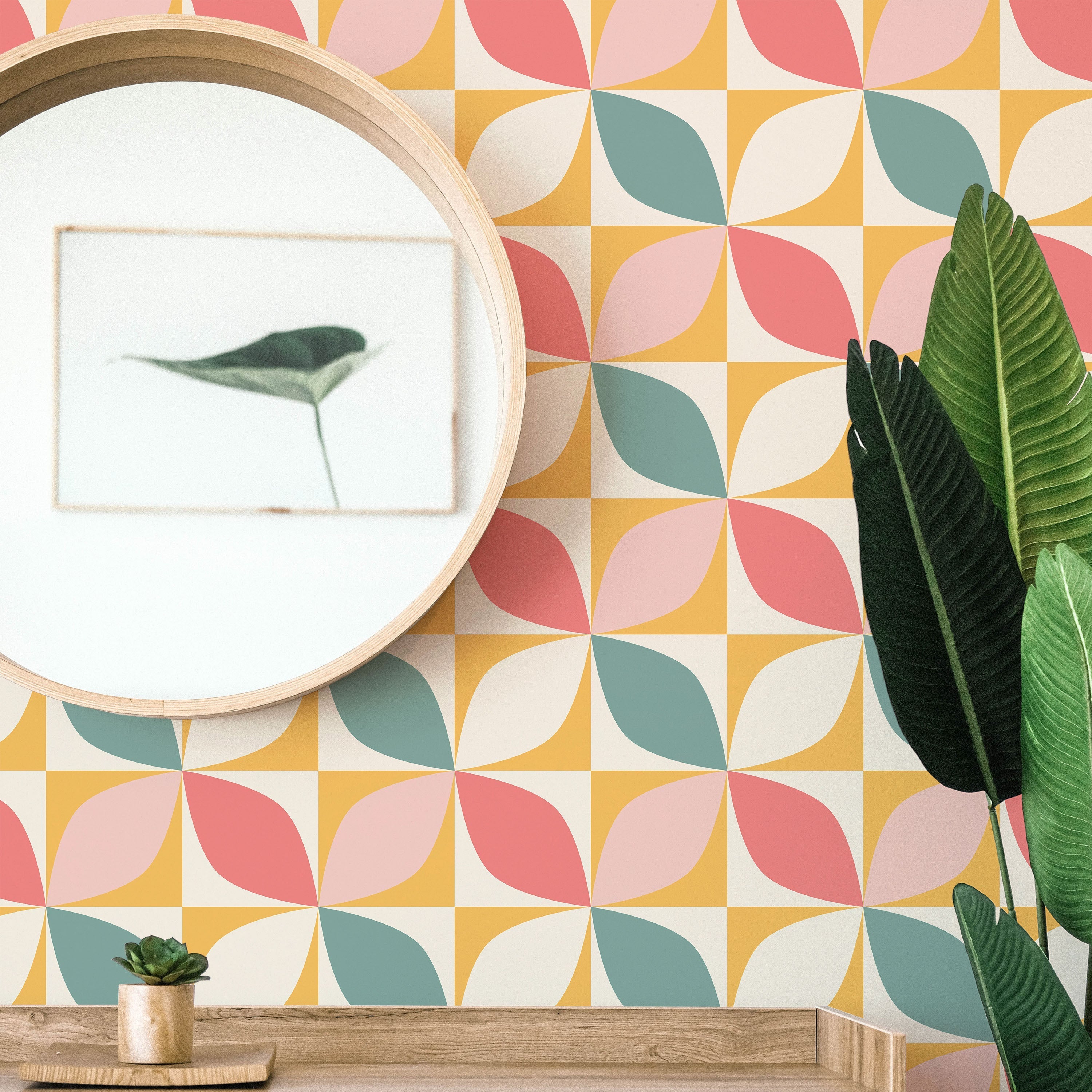 Geometric Bauhaus Peel and Stick Wallpaper, Removable Wallpaper, Traditional Wallpaper - Pink | DeccoPrint