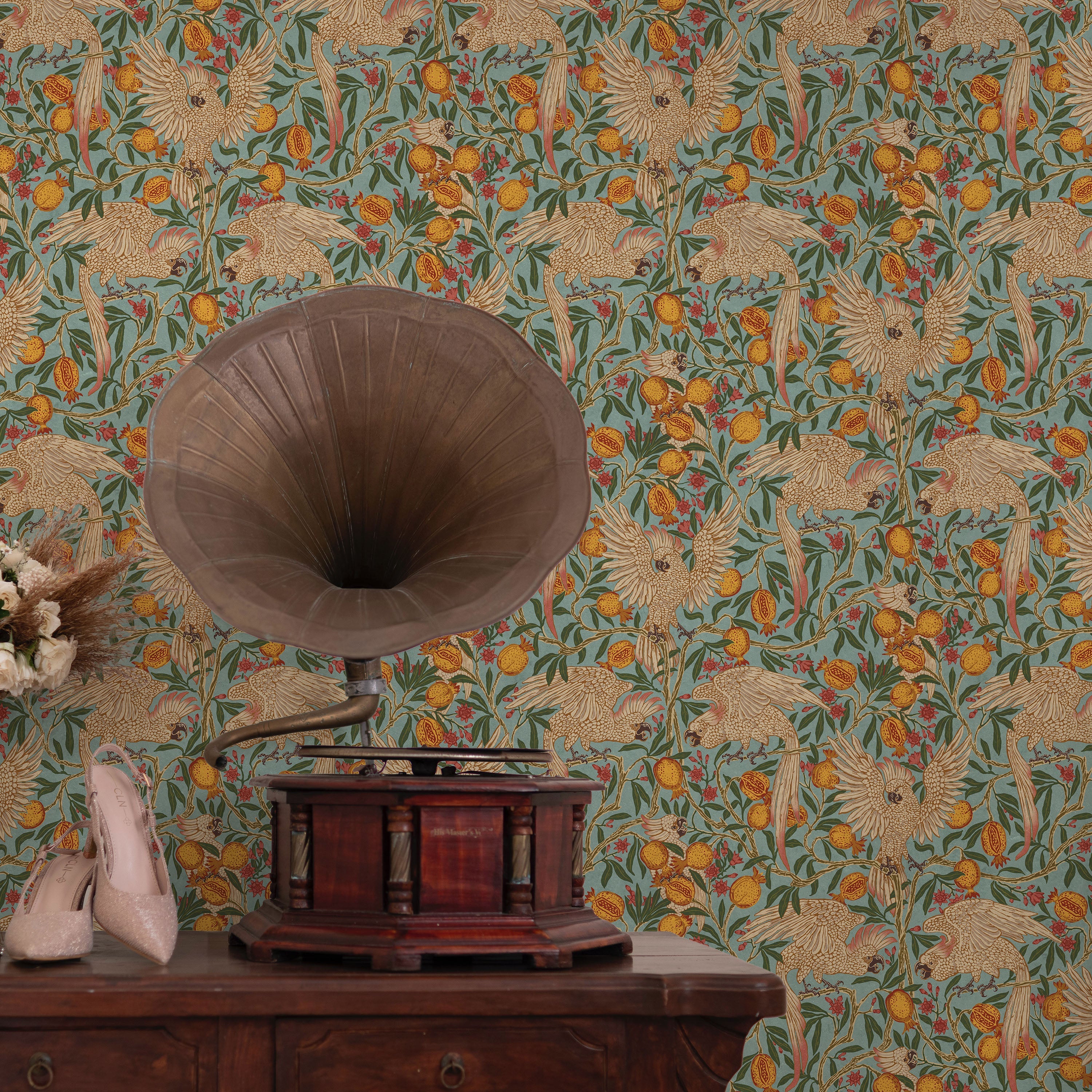Walter Crane x Cockatoo and Pomegranate Peel and Stick Wallpaper, Removable Wallpaper, Traditional Wallpaper - Light Blue | DeccoPrint