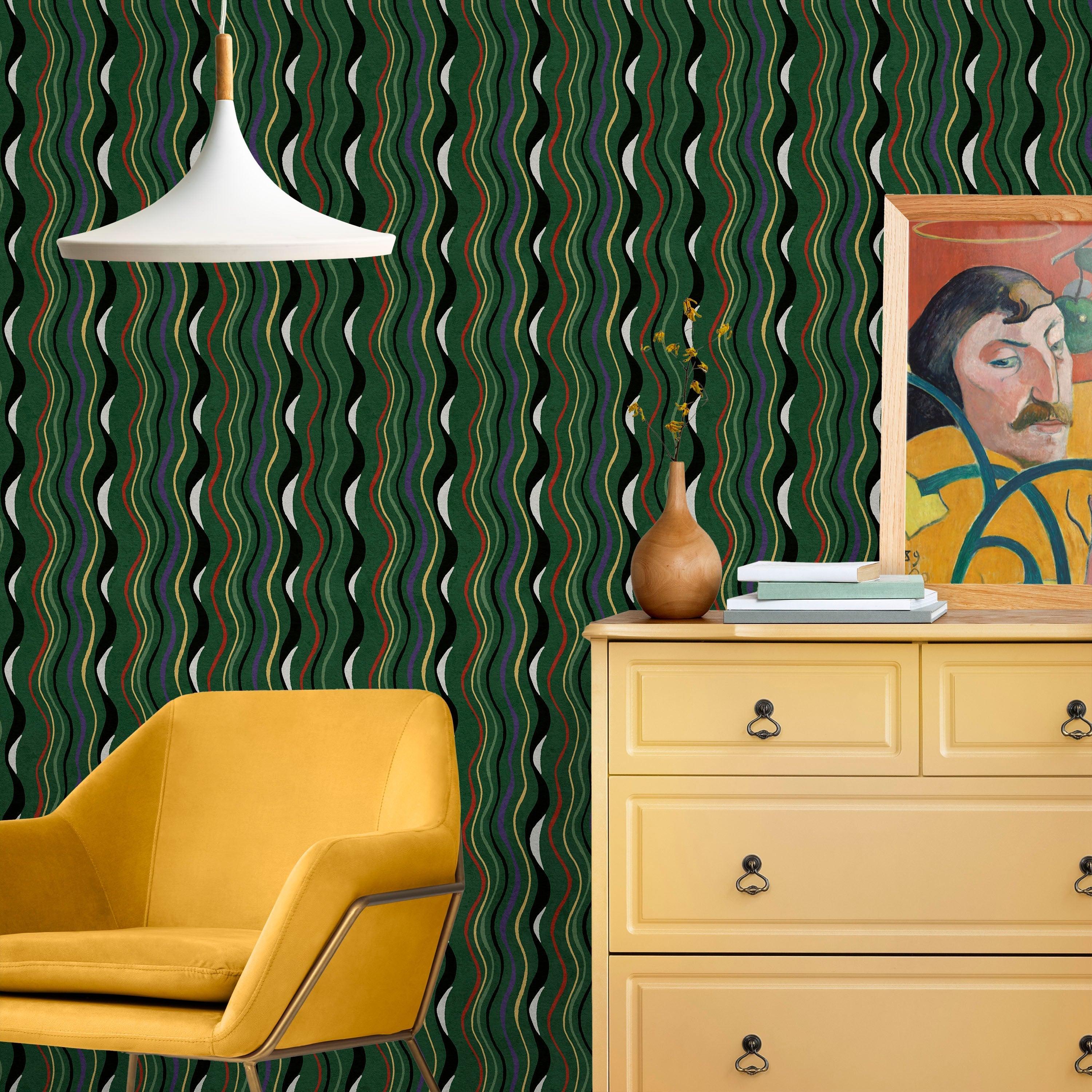 Furuya Korin x Korin Waves Peel and Stick Wallpaper, Removable Wallpaper, Traditional Wallpaper - Deep Green | DeccoPrint