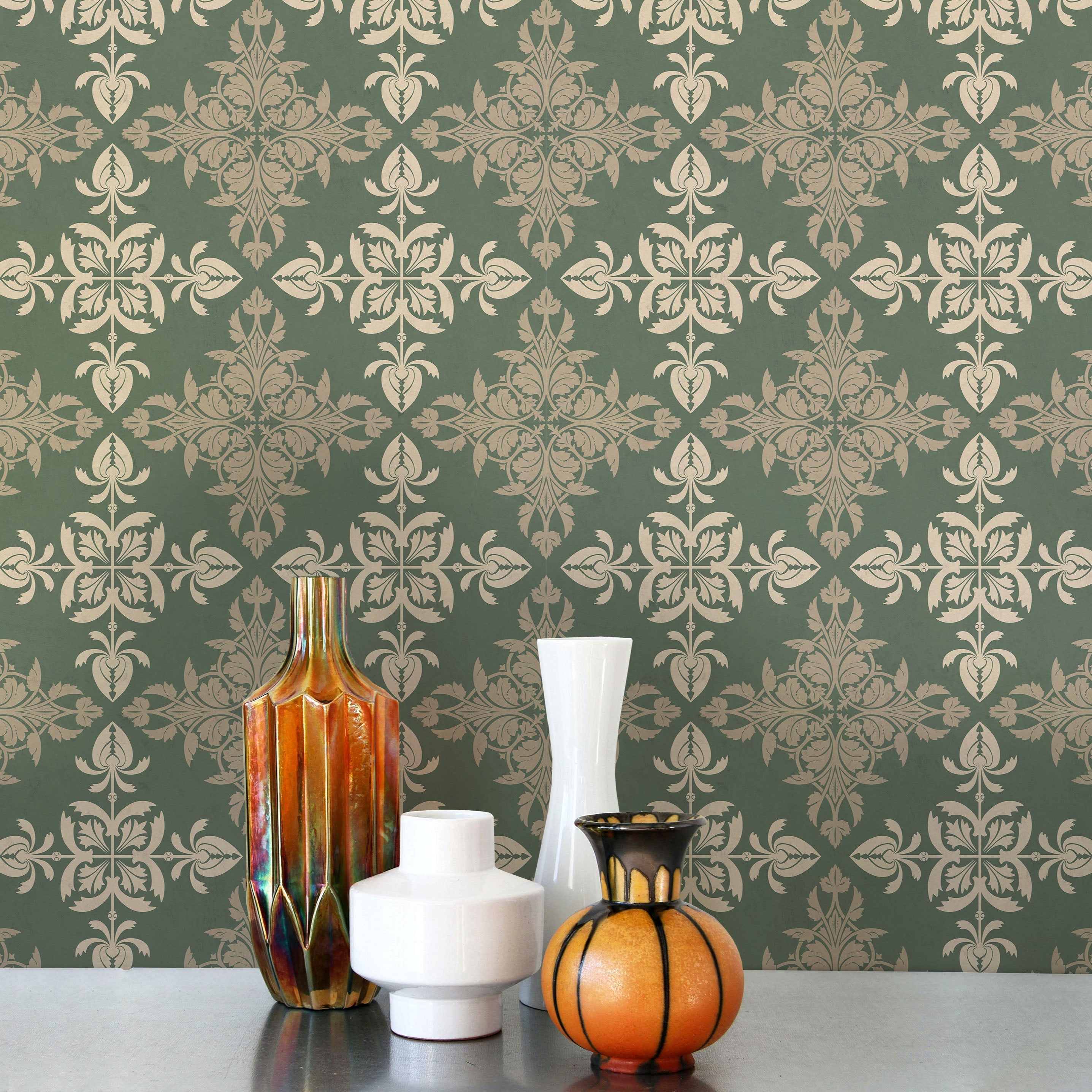 Christopher Dresser x Decorative Symmetry Peel and Stick Wallpaper, Removable Wallpaper, Traditional Wallpaper - Dusty Green | DeccoPrint