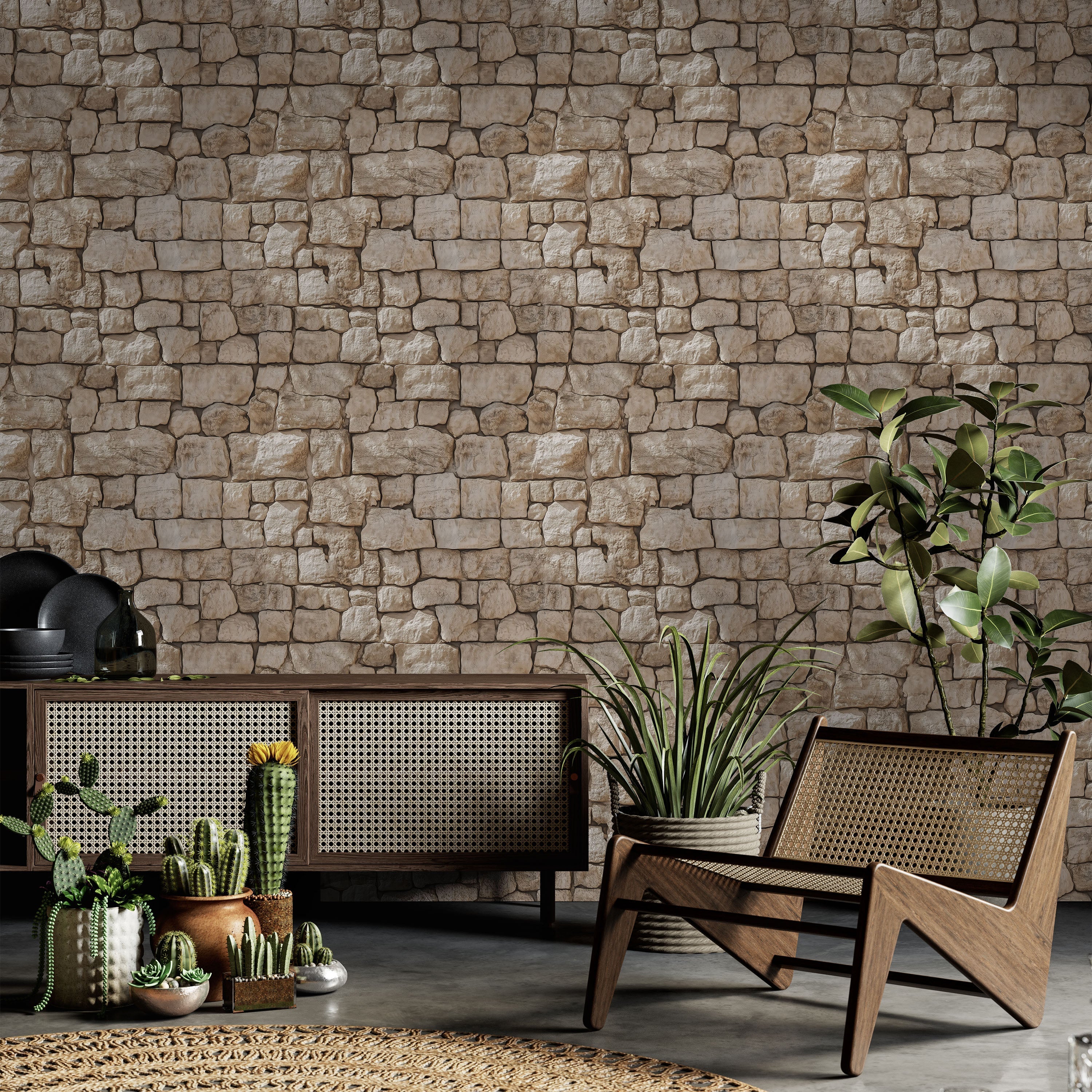 Urban Masonry Peel and Stick Wallpaper, Removable Wallpaper, Traditional Wallpaper - Sandstone Beige | DeccoPrint