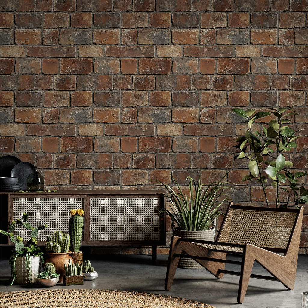 Urban Masonry Peel and Stick Wallpaper, Removable Wallpaper, Traditional Wallpaper - Rust Brown Bricks | DeccoPrint