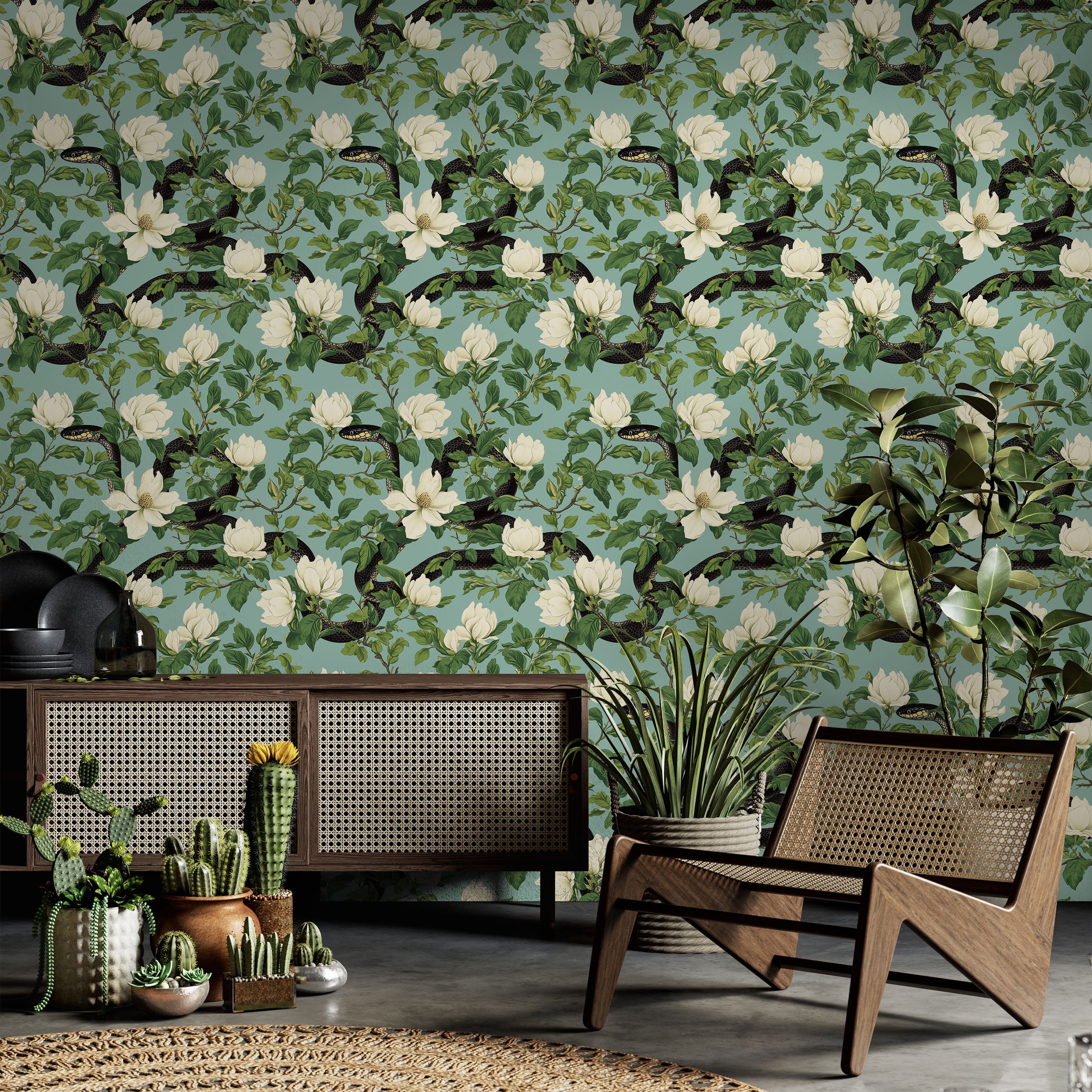 Snakes in Foliage Peel and Stick Wallpaper, Removable Wallpaper, Traditional Wallpaper - Light Teal | DeccoPrint