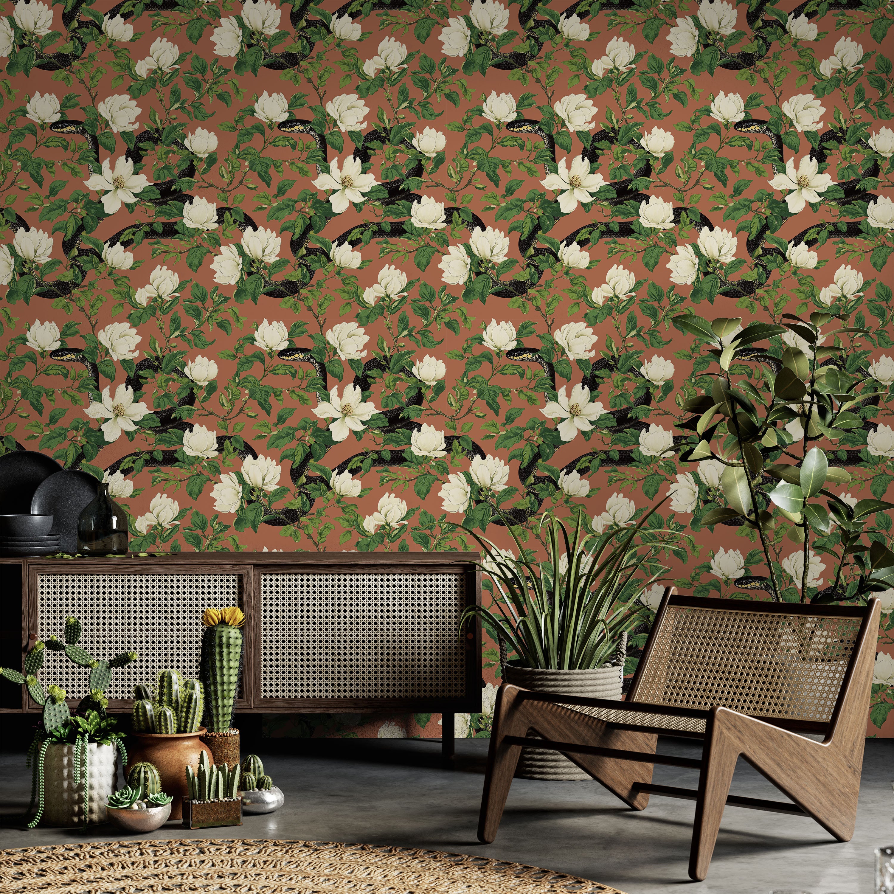 Snakes in Foliage Peel and Stick Wallpaper, Removable Wallpaper, Traditional Wallpaper - Vintage Brown | DeccoPrint