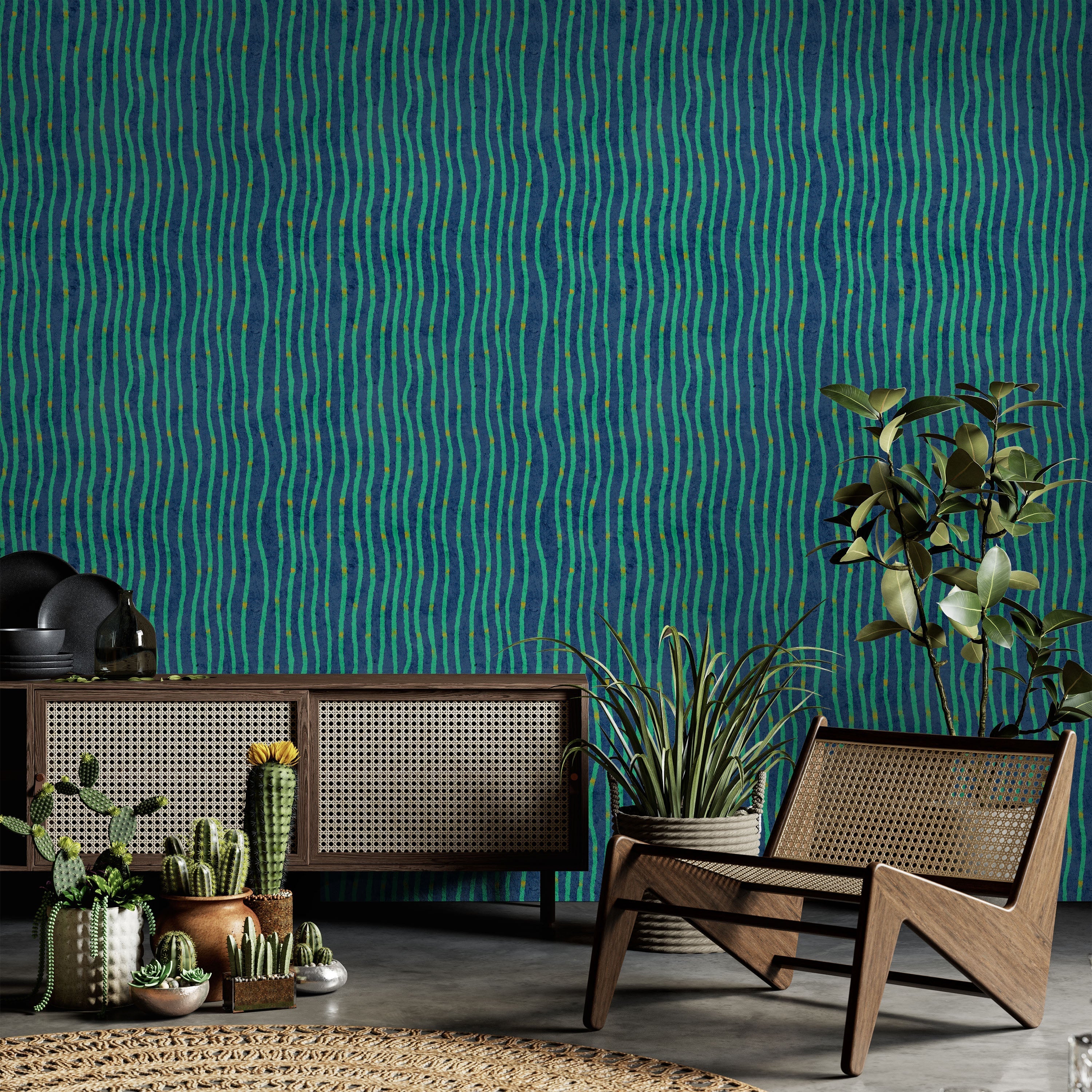 Furuya Korin x Edo Stream Peel and Stick Wallpaper, Removable Wallpaper, Traditional Wallpaper - Deep Cyan | DeccoPrint