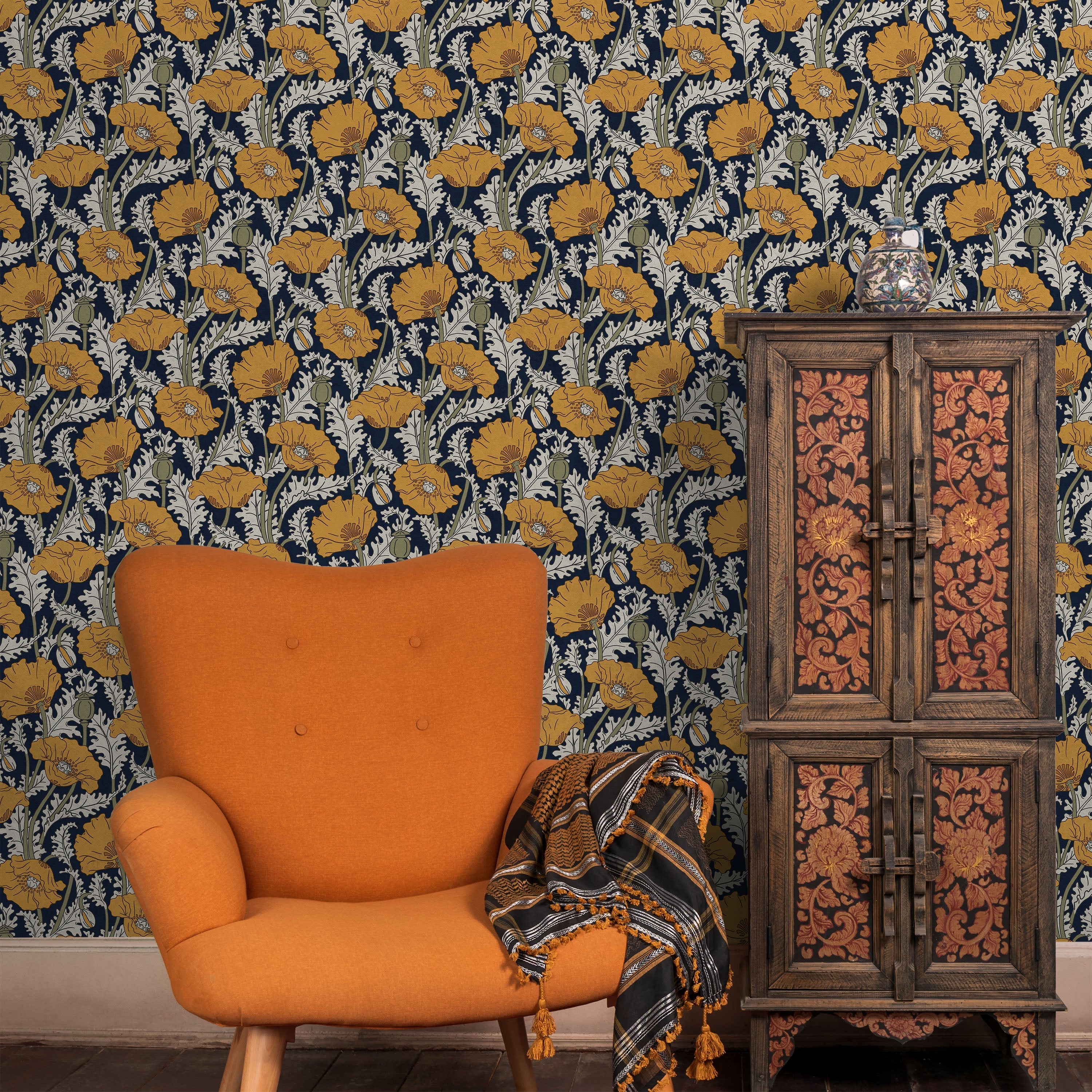 Maurice Pillard Verneuil x  Poppy Peel and Stick Wallpaper, Removable Wallpaper, Traditional Wallpaper - Navy Blue | DeccoPrint