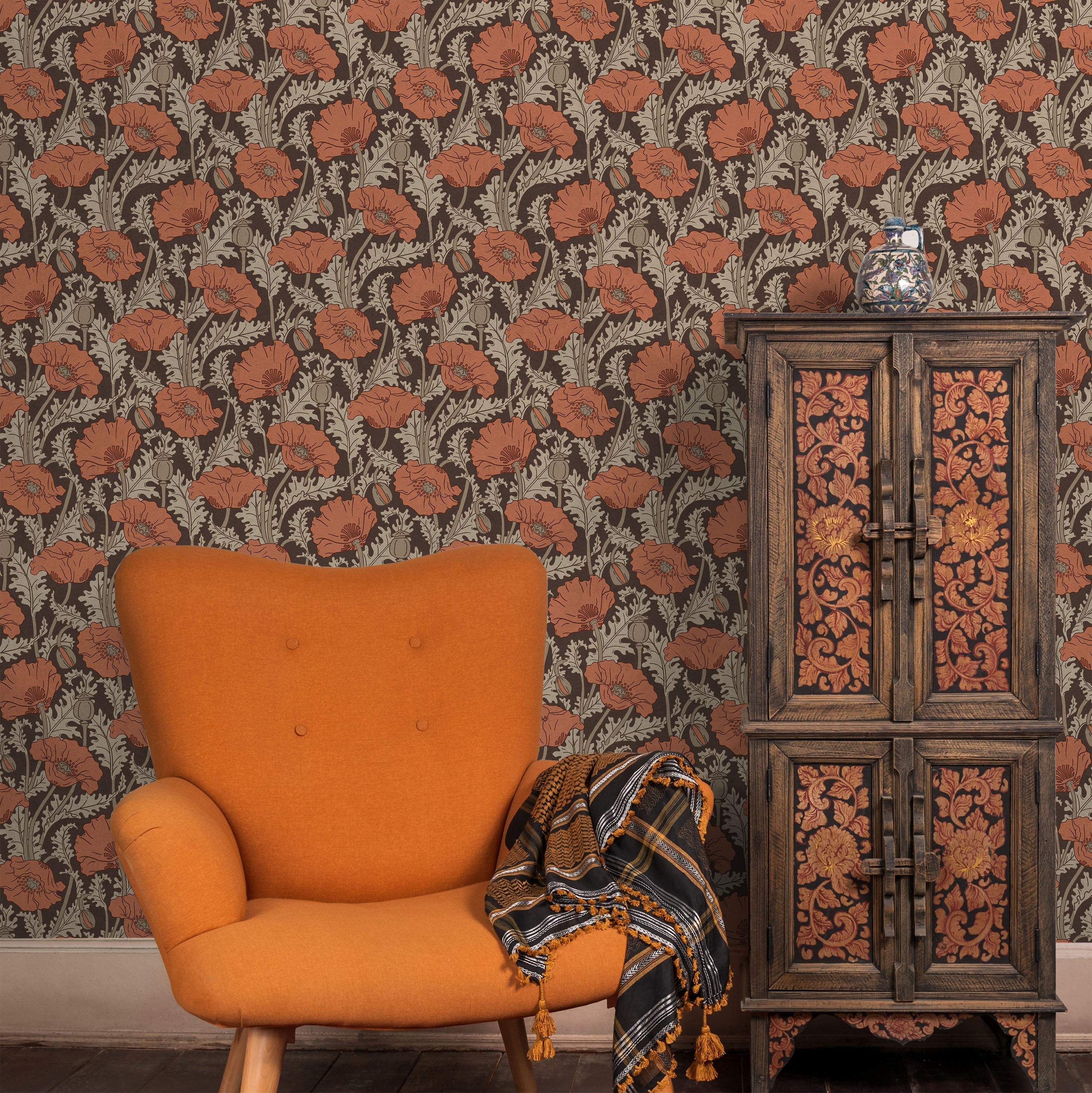 Maurice Pillard Verneuil x  Poppy Peel and Stick Wallpaper, Removable Wallpaper, Traditional Wallpaper - Terracotta Orange | DeccoPrint