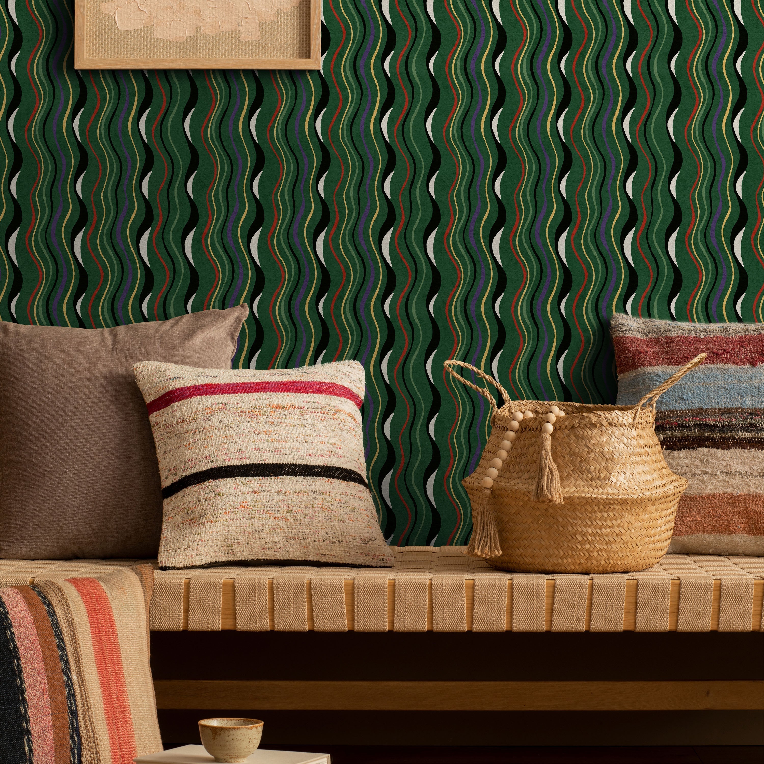 Furuya Korin x Korin Waves Peel and Stick Wallpaper, Removable Wallpaper, Traditional Wallpaper - Deep Green | DeccoPrint