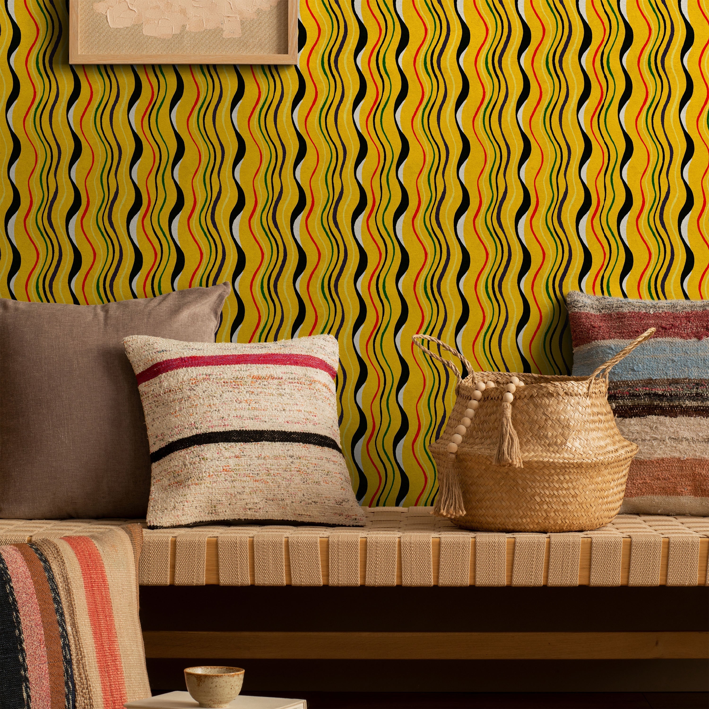 Furuya Korin x Korin Waves Peel and Stick Wallpaper, Removable Wallpaper, Traditional Wallpaper - Amber Yellow | DeccoPrint