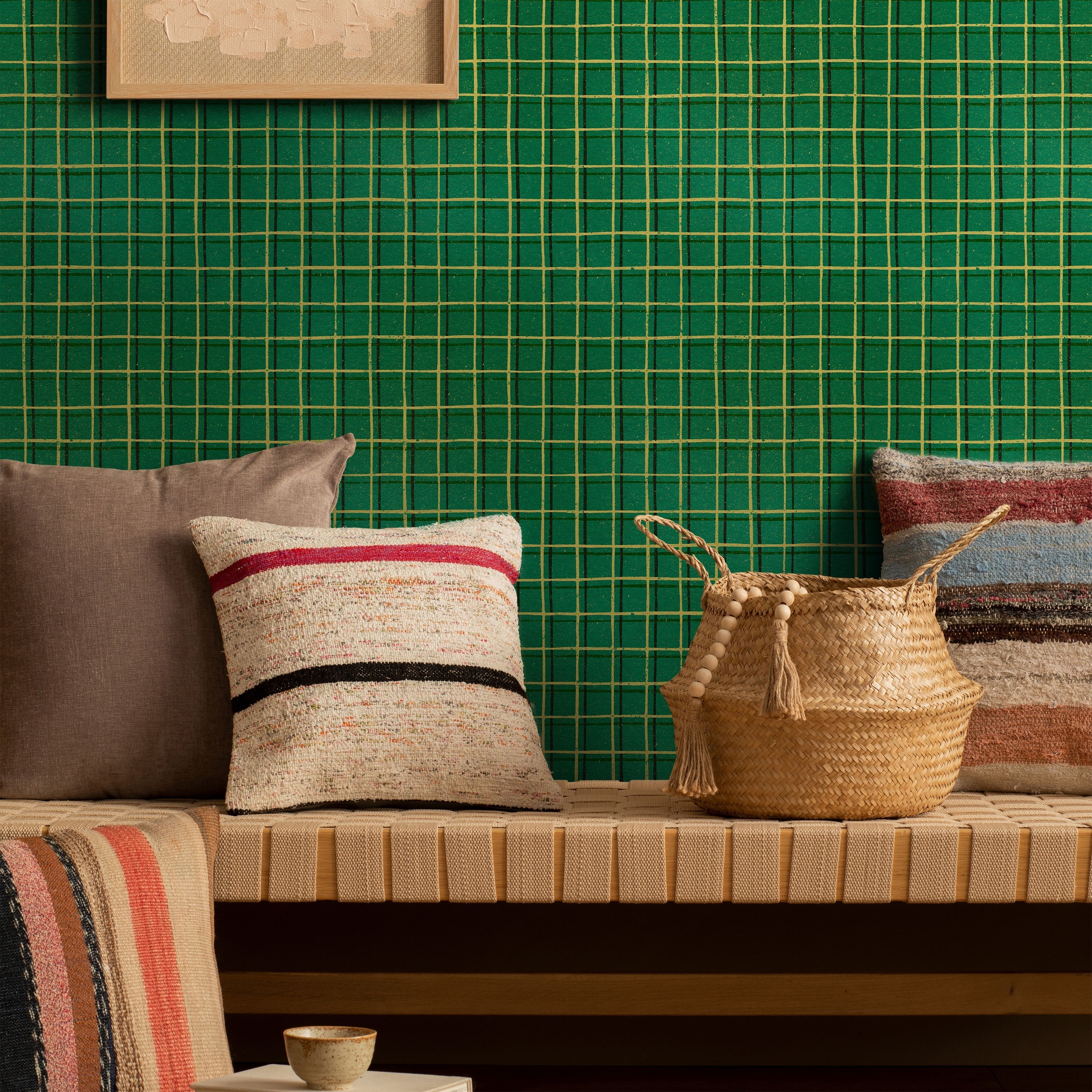 Furuya Korin x Korin Zen Grid Peel and Stick Wallpaper, Removable Wallpaper, Traditional Wallpaper - Vintage Green | DeccoPrint