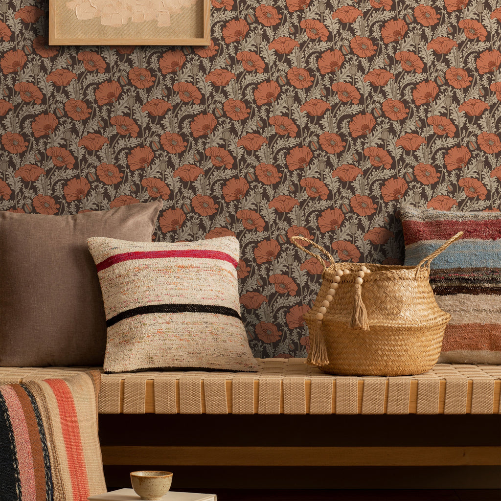 Maurice Pillard Verneuil x  Poppy Peel and Stick Wallpaper, Removable Wallpaper, Traditional Wallpaper - Terracotta Orange | DeccoPrint