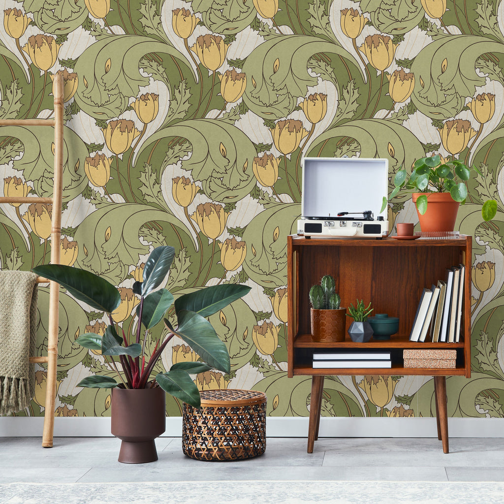 C.F.A. Voysey x Tulips Peel and Stick Wallpaper, Removable Wallpaper, Traditional Wallpaper - Vintage Yellow | DeccoPrint
