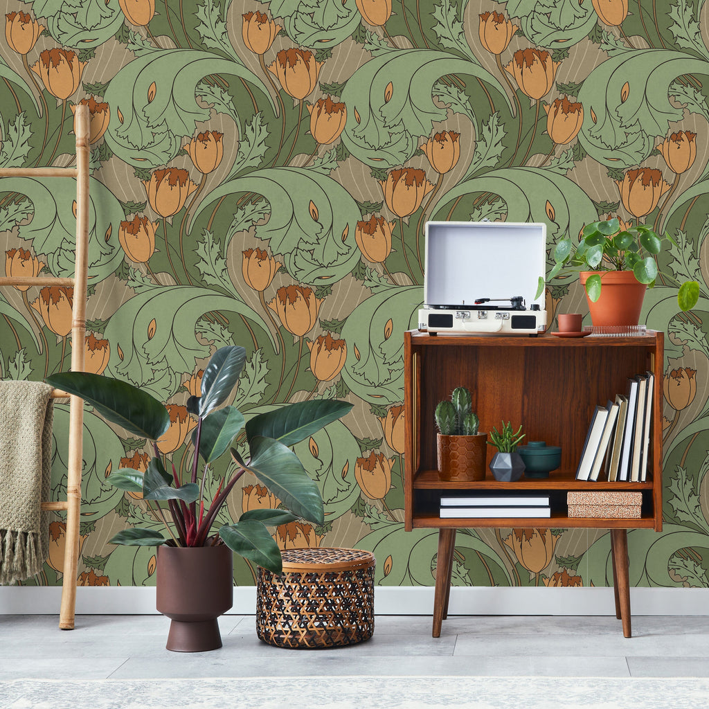 C.F.A. Voysey x Tulips Peel and Stick Wallpaper, Removable Wallpaper, Traditional Wallpaper - Dusty Orange | DeccoPrint