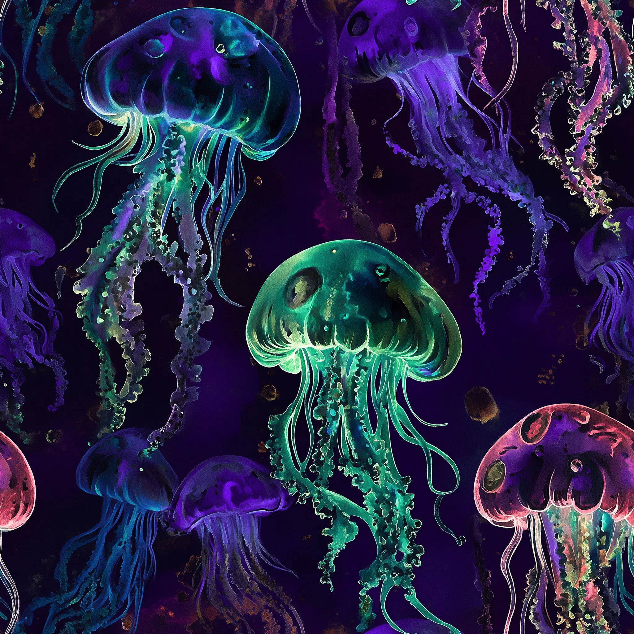 Colorful jellyfishes on a dark purple background