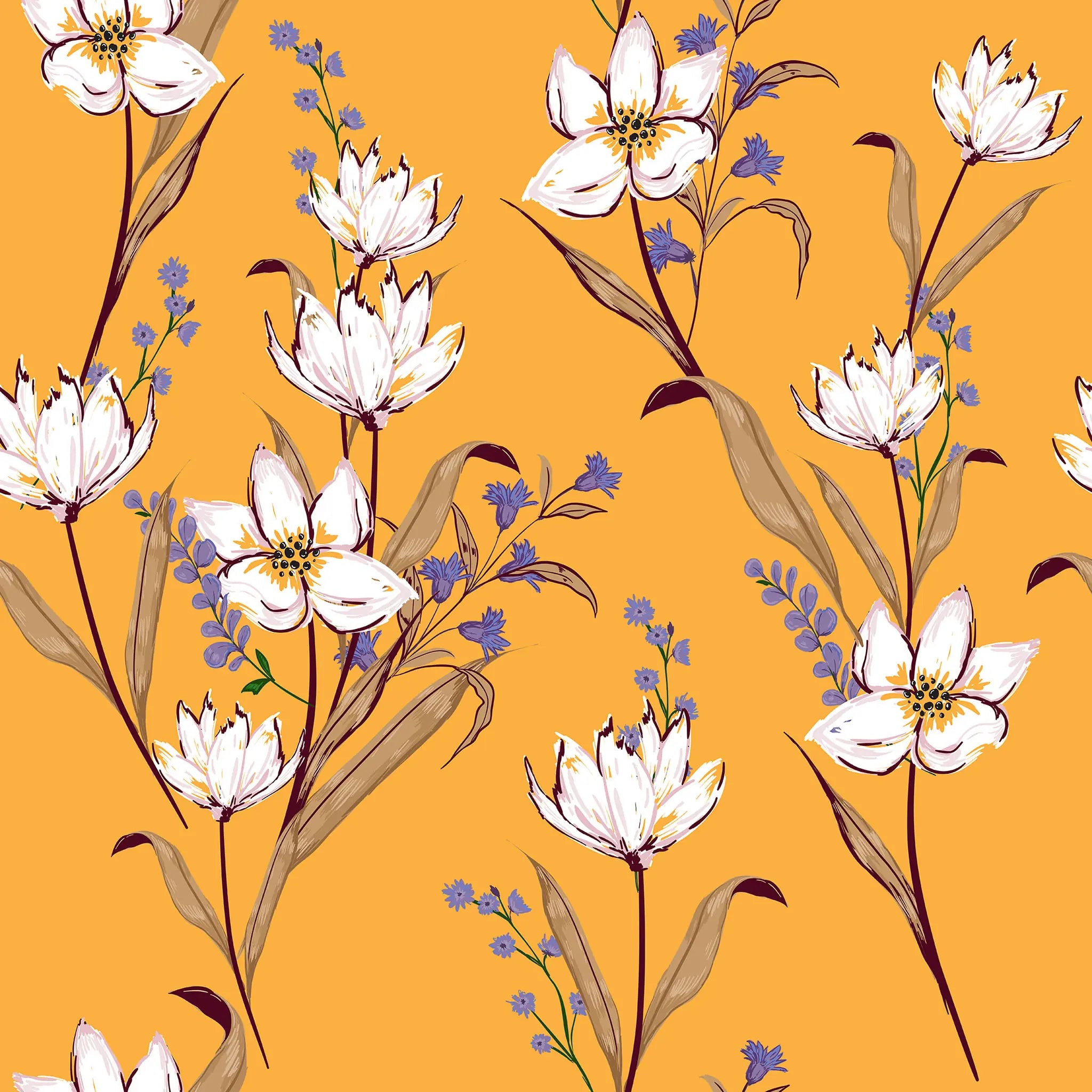 Floral pattern with white flowers and brown leaves on a yellow background