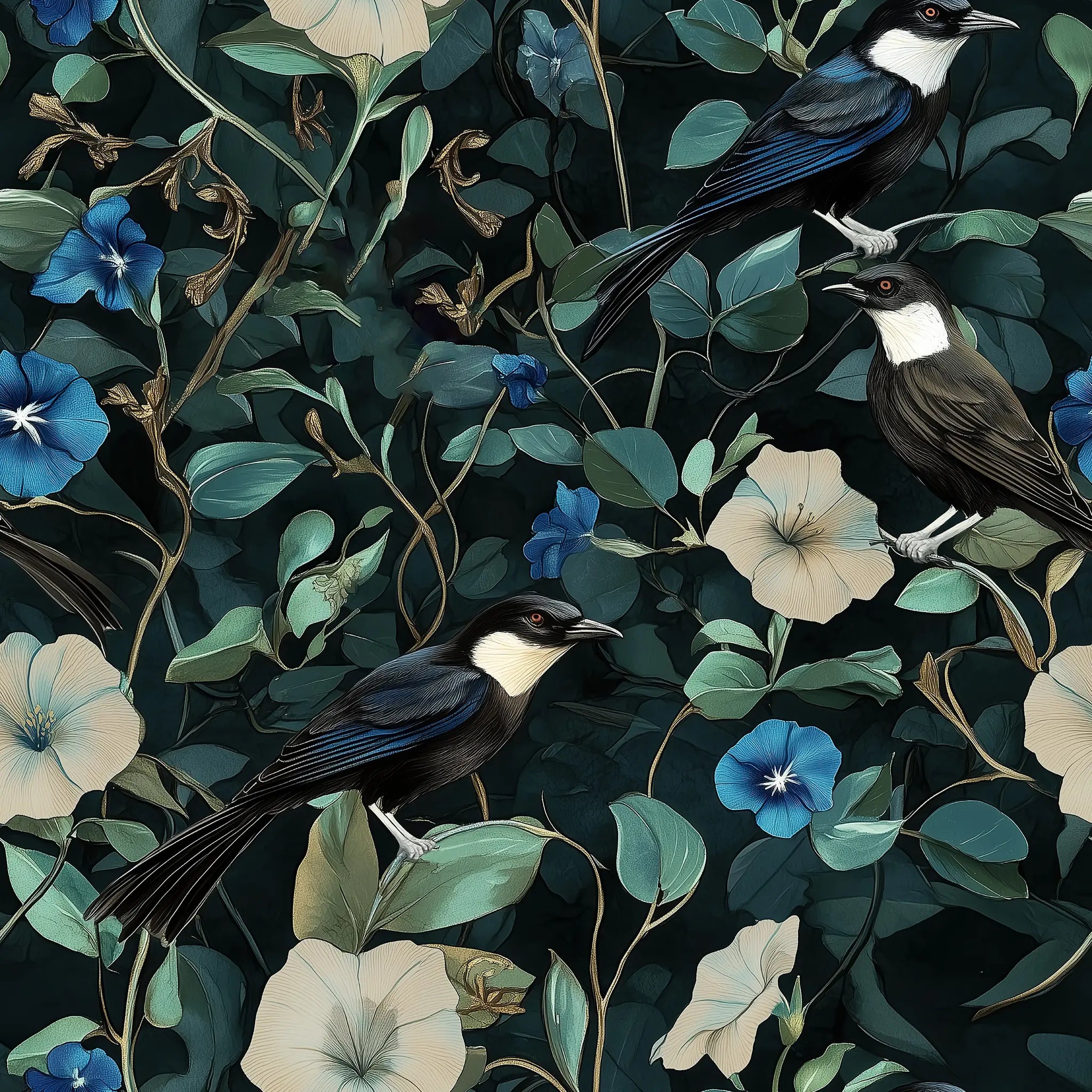 Pattern of birds and flowers on a dark background
