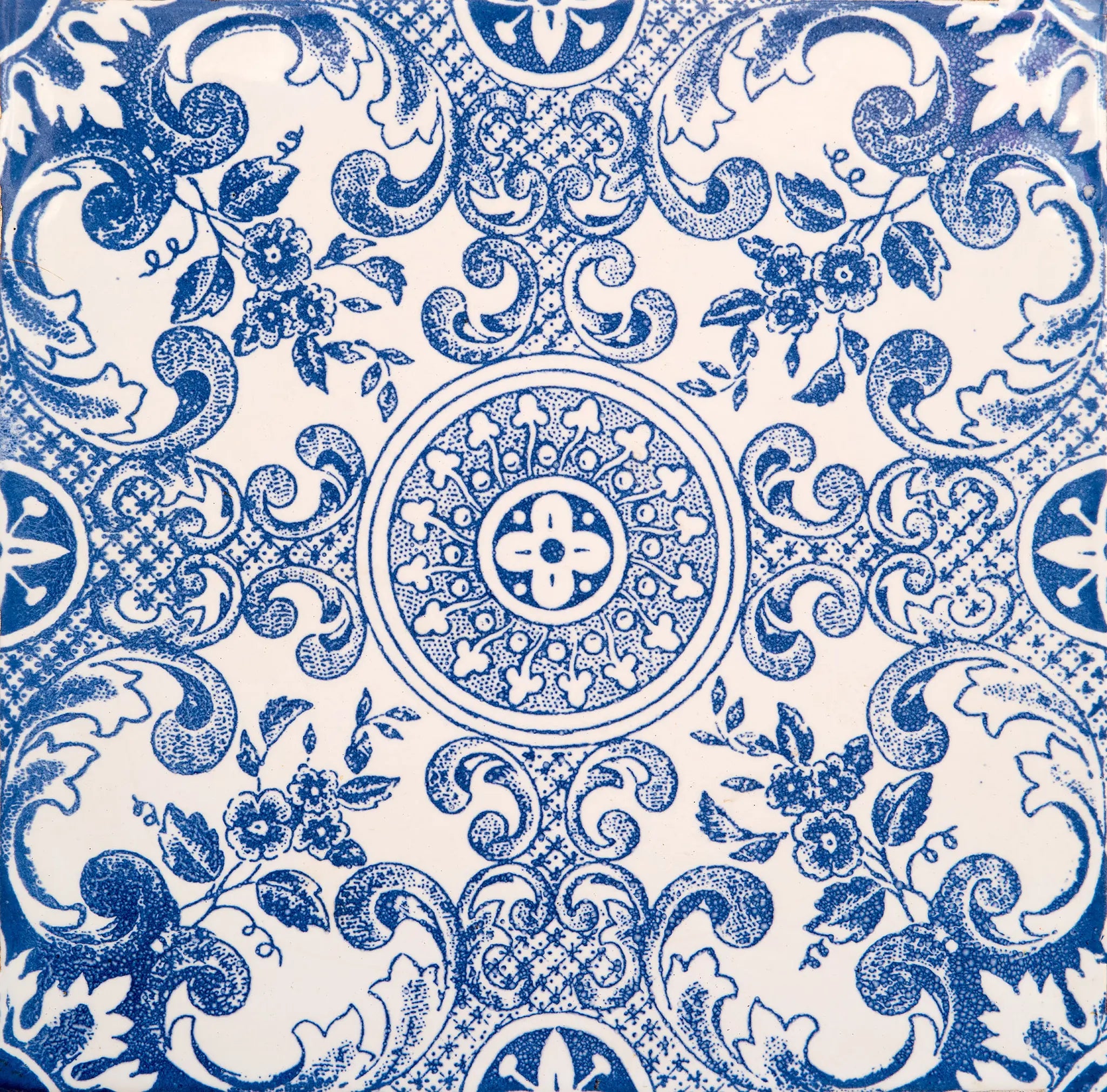 Decorative blue and white pattern with floral elements on a white background