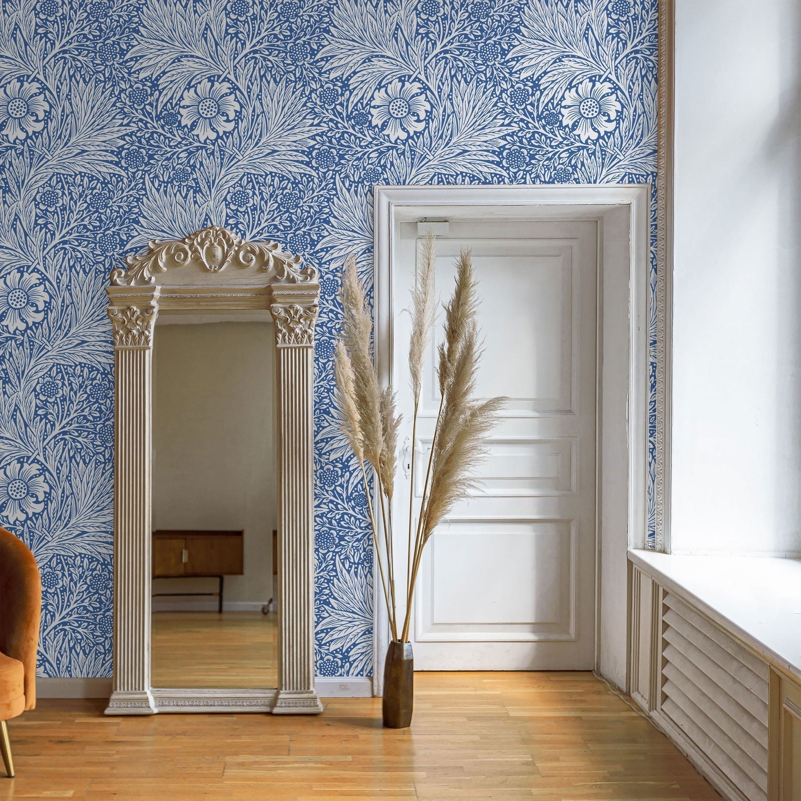 William Morris X Marigold Peel and Stick Wallpaper, Removable Wallpaper, Traditional Wallpaper - Blue | DeccoPrint