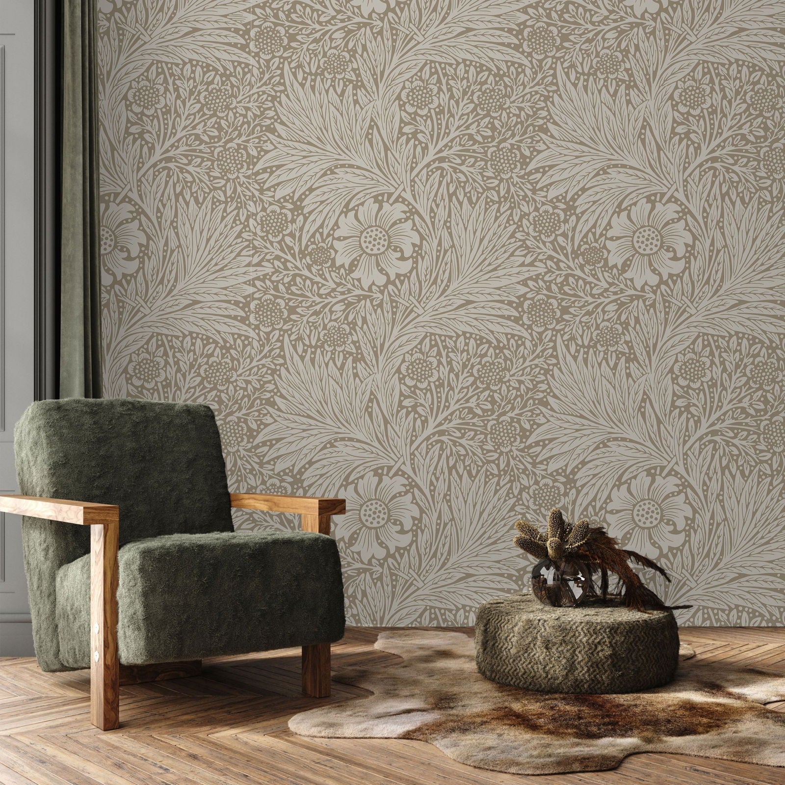 William Morris X Marigold Peel and Stick Wallpaper, Removable Wallpaper, Traditional Wallpaper - Brown | DeccoPrint