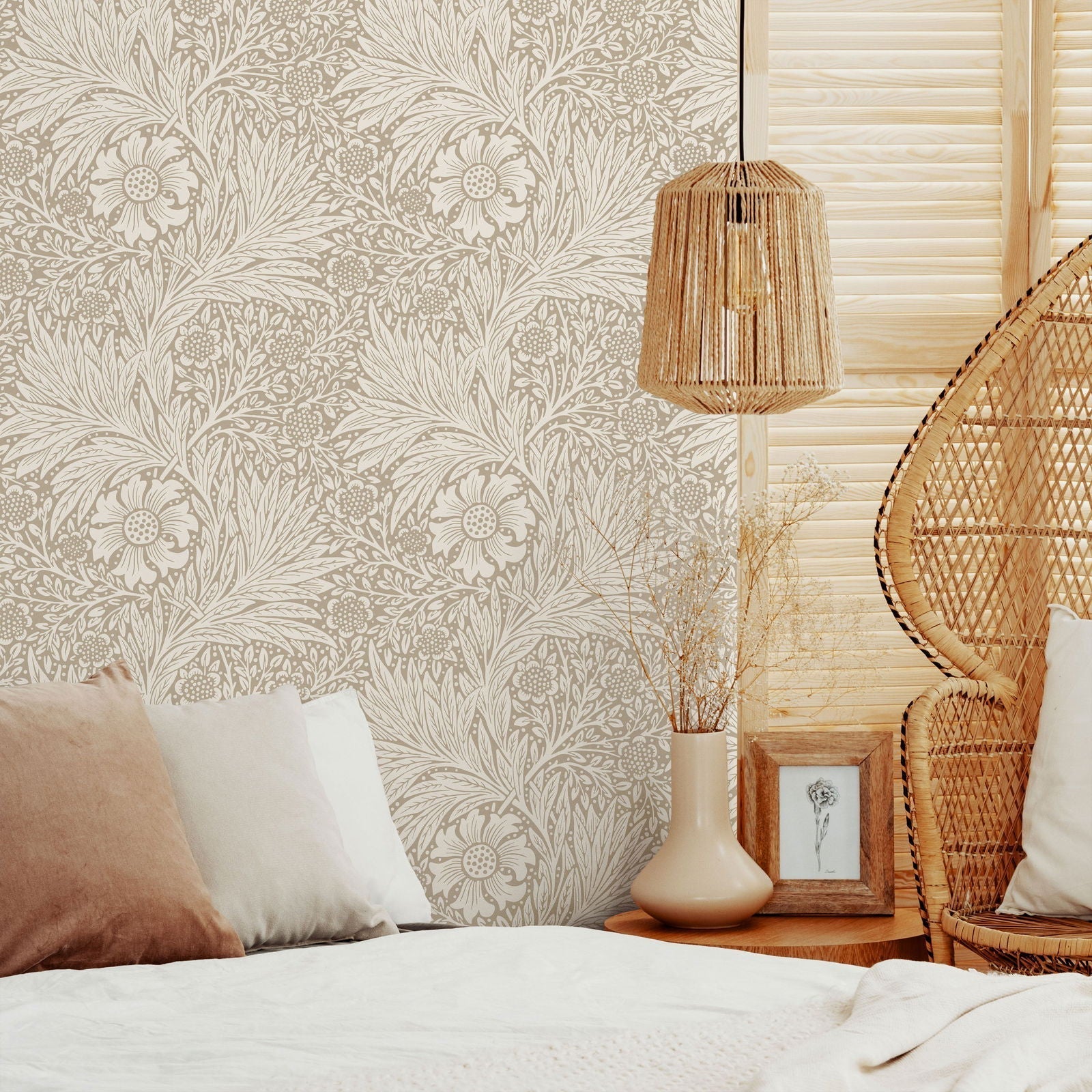 William Morris X Marigold Peel and Stick Wallpaper, Removable Wallpaper, Traditional Wallpaper - Brown | DeccoPrint