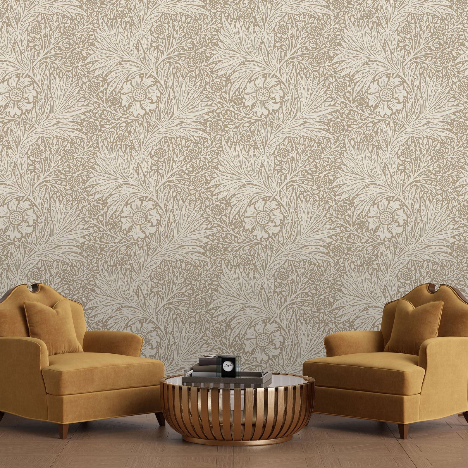 William Morris X Marigold Peel and Stick Wallpaper, Removable Wallpaper, Traditional Wallpaper - Brown | DeccoPrint