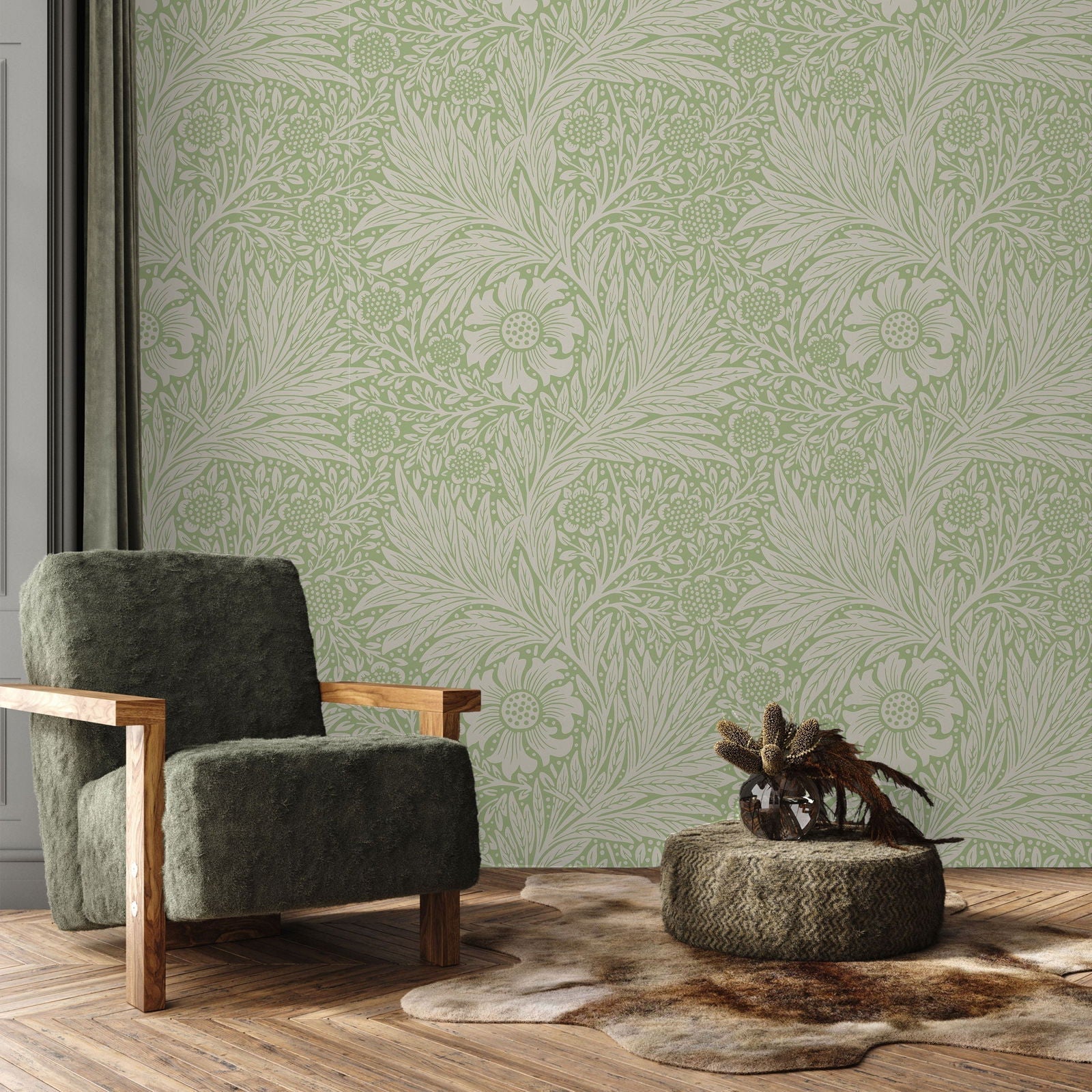 William Morris X Marigold Peel and Stick Wallpaper, Removable Wallpaper, Traditional Wallpaper - Green | DeccoPrint