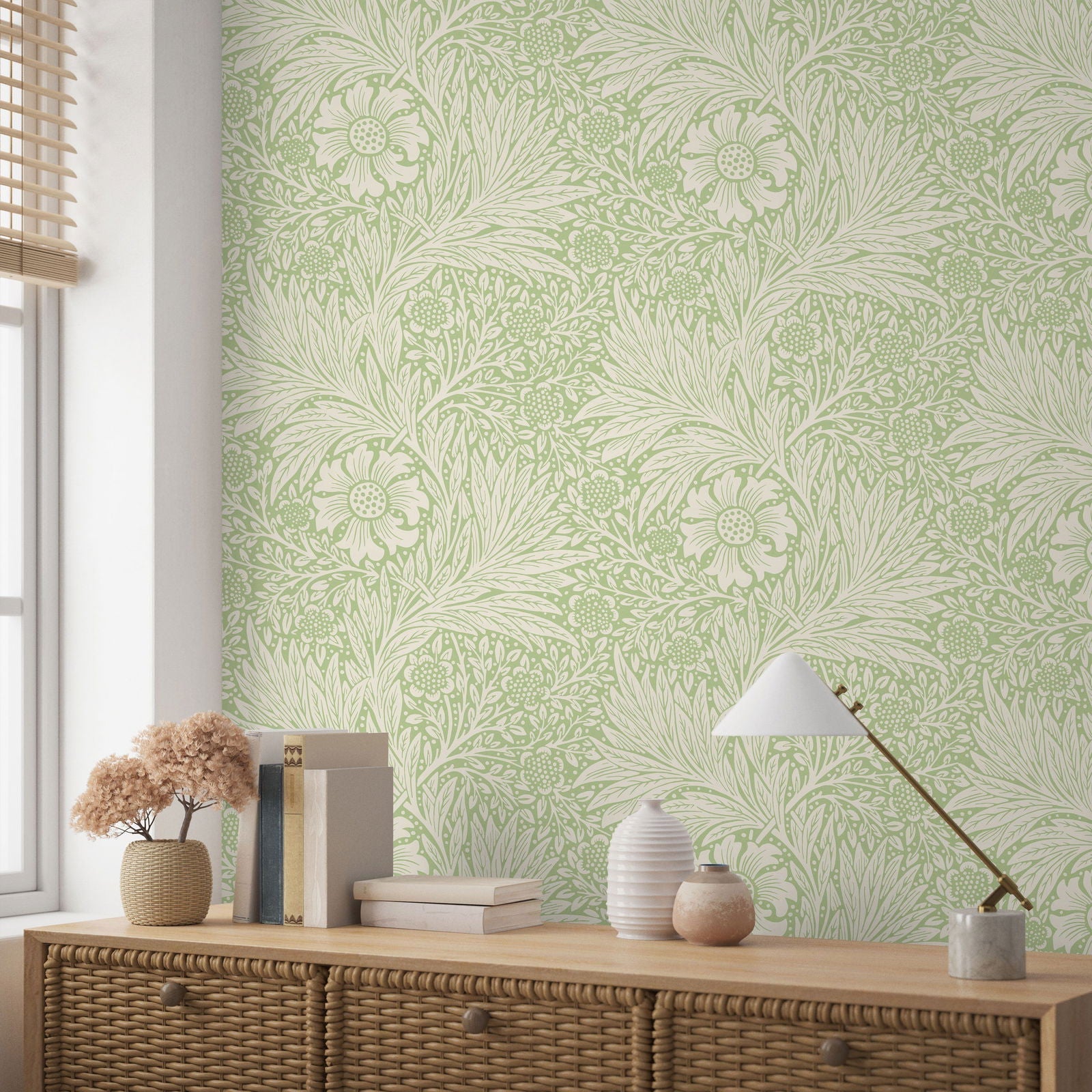 William Morris X Marigold Peel and Stick Wallpaper, Removable Wallpaper, Traditional Wallpaper - Green | DeccoPrint