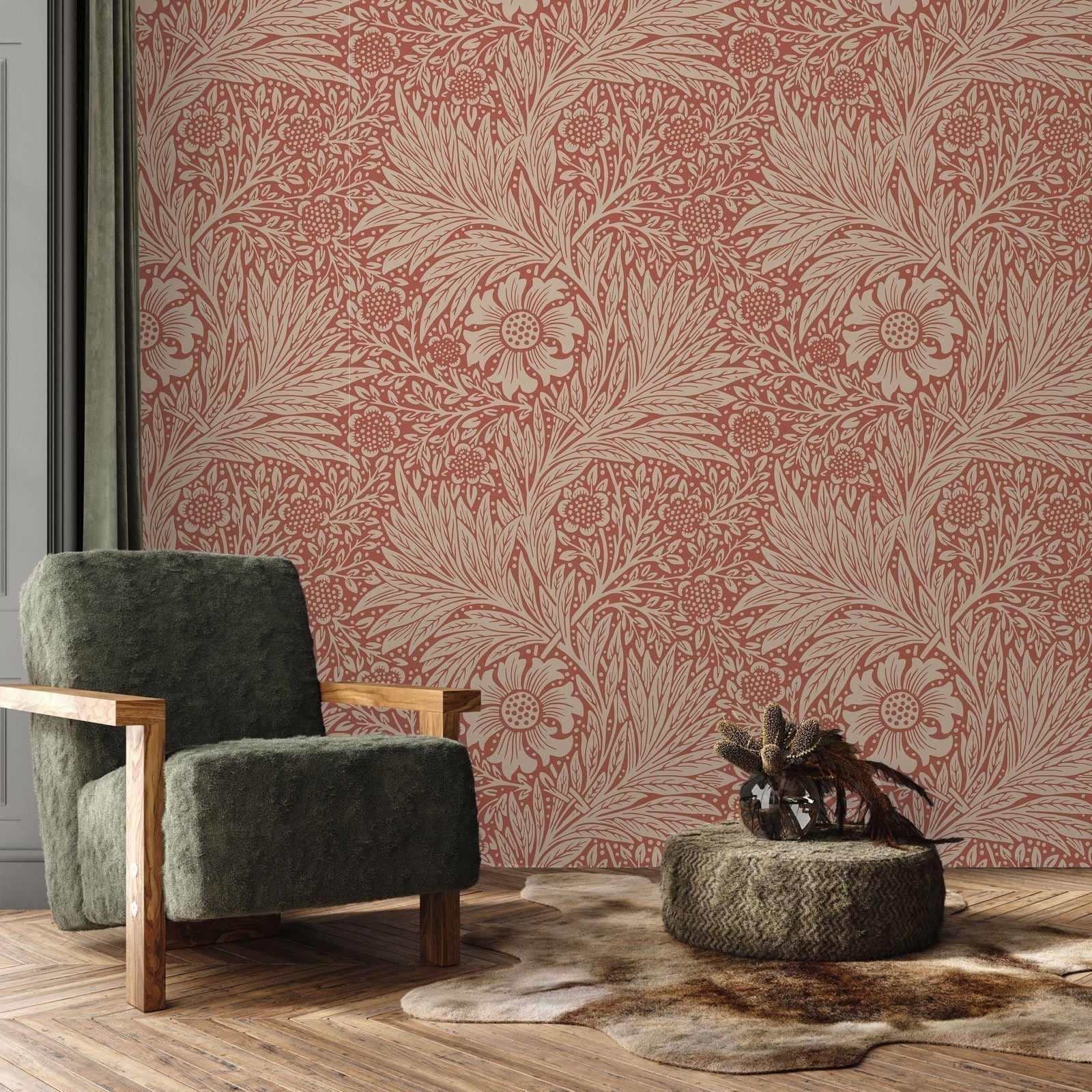 William Morris X Marigold Peel and Stick Wallpaper, Removable Wallpaper, Traditional Wallpaper - Red | DeccoPrint