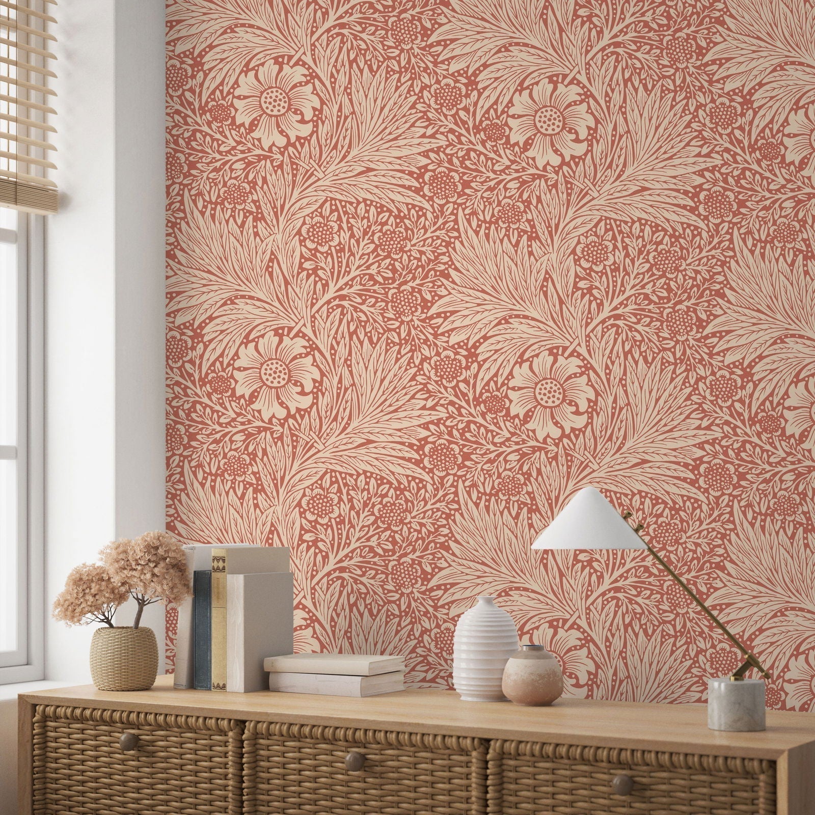 William Morris X Marigold Peel and Stick Wallpaper, Removable Wallpaper, Traditional Wallpaper - Red | DeccoPrint