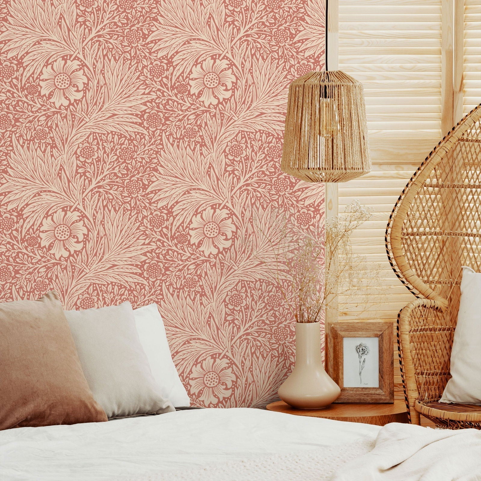 William Morris X Marigold Peel and Stick Wallpaper, Removable Wallpaper, Traditional Wallpaper - Red | DeccoPrint