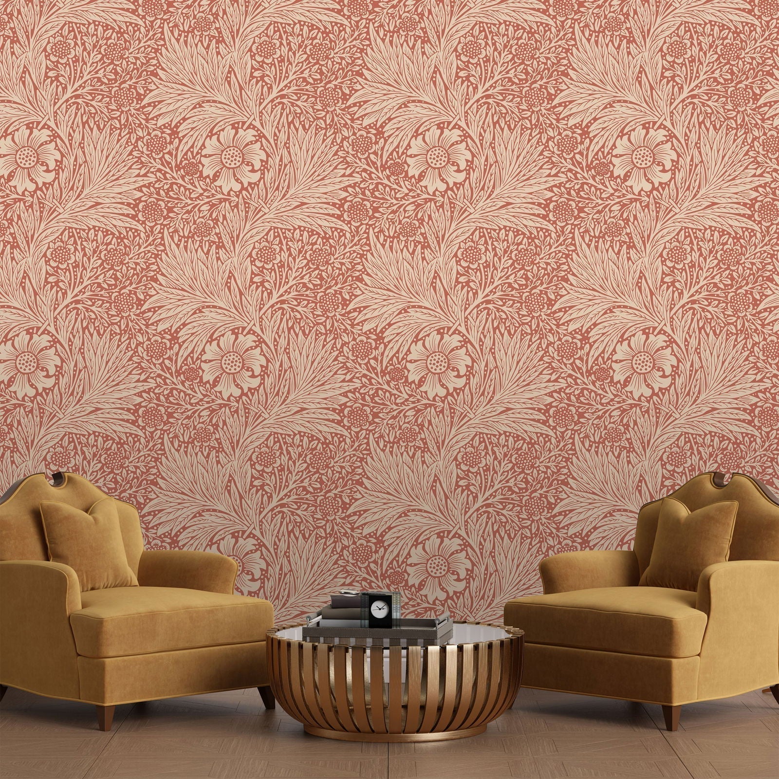 William Morris X Marigold Peel and Stick Wallpaper, Removable Wallpaper, Traditional Wallpaper - Red | DeccoPrint