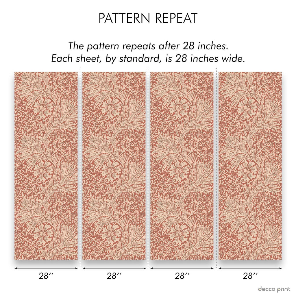 William Morris X Marigold Peel and Stick Wallpaper, Removable Wallpaper, Traditional Wallpaper - Red | DeccoPrint