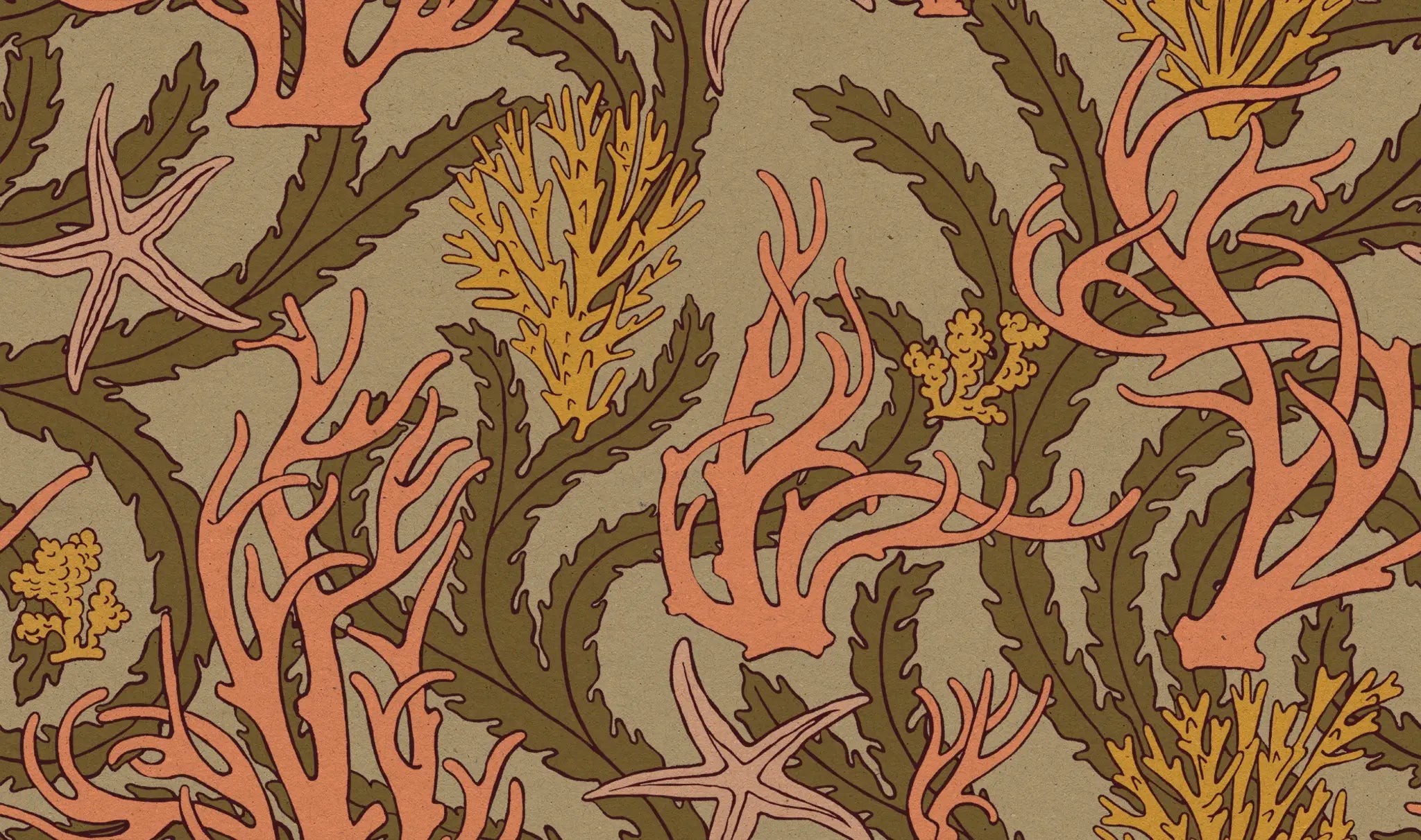 Seaweed and starfish pattern on a beige background