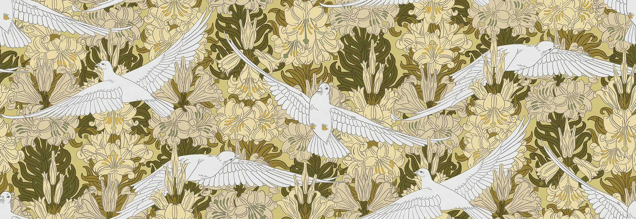 Patterned fabric with white doves and flowers on a beige background