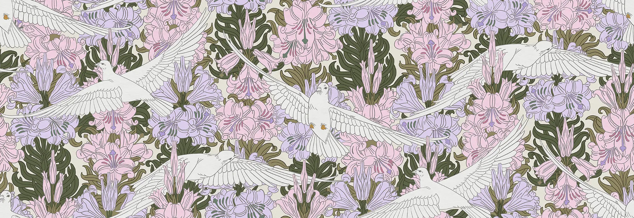 Decorative pattern with doves and flowers in pastel colors on a light background