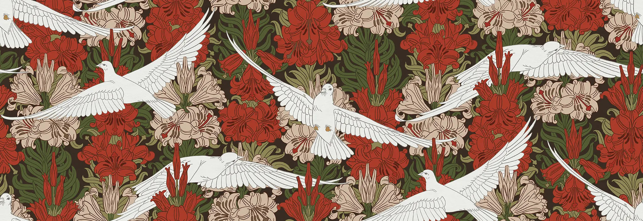 Pattern of white doves and red flowers on a dark background