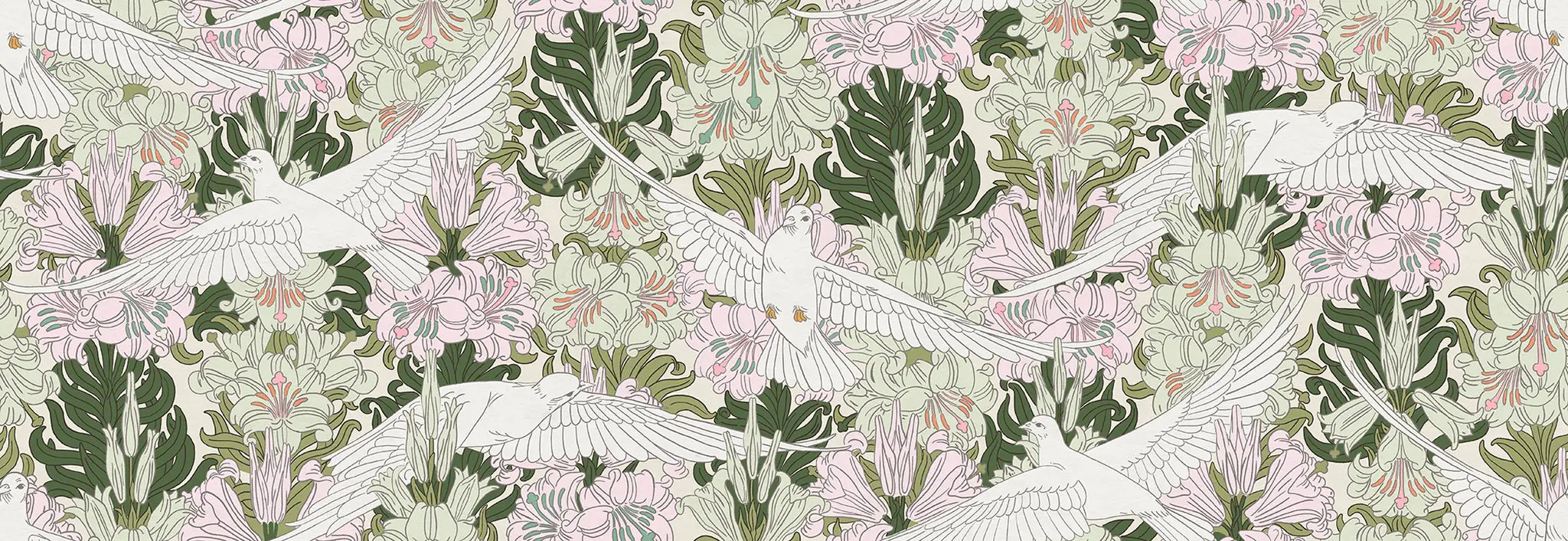 Decorative pattern with doves, flowers, and leaves on a light background