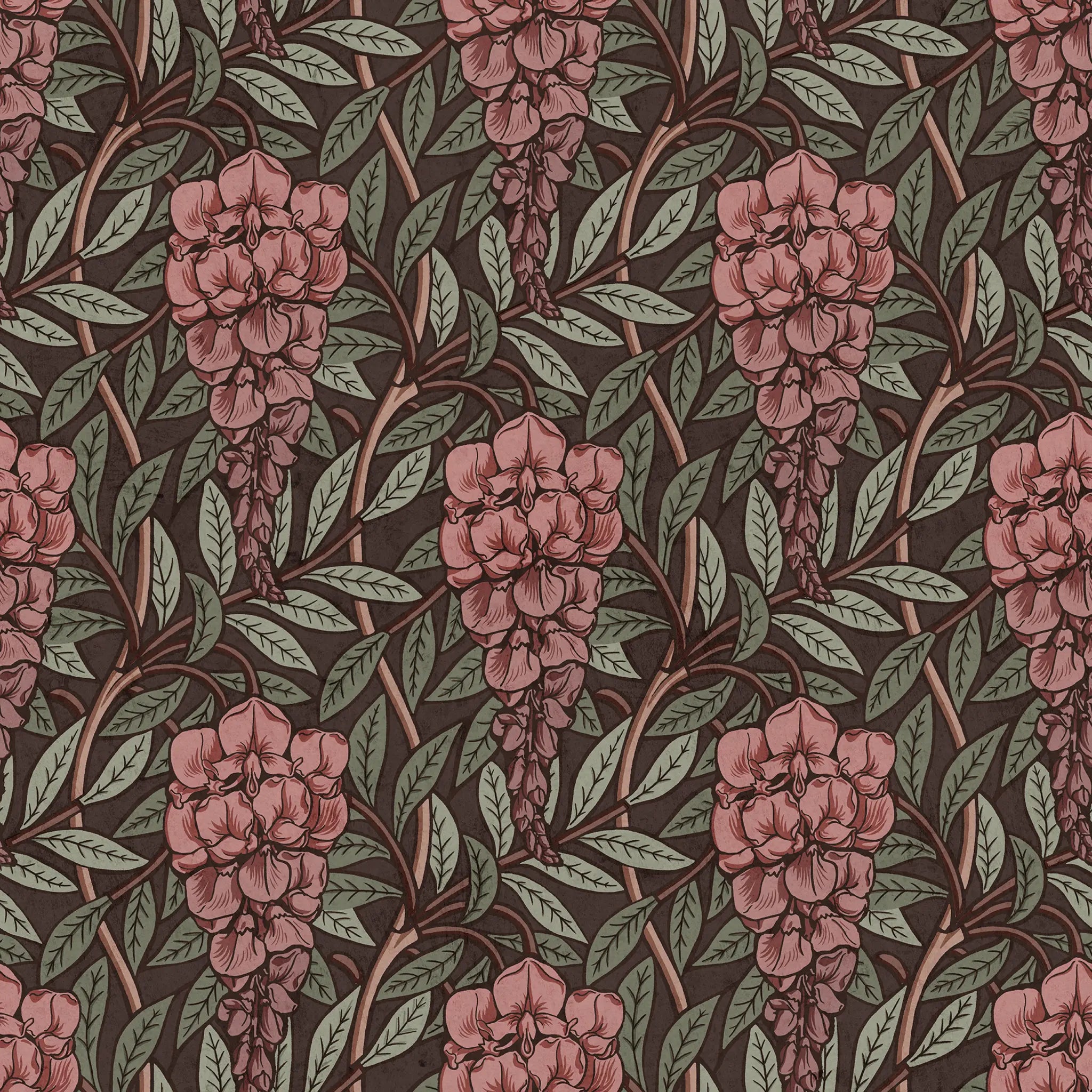 Pattern of dark pink flowers and green leaves on a dark brown background