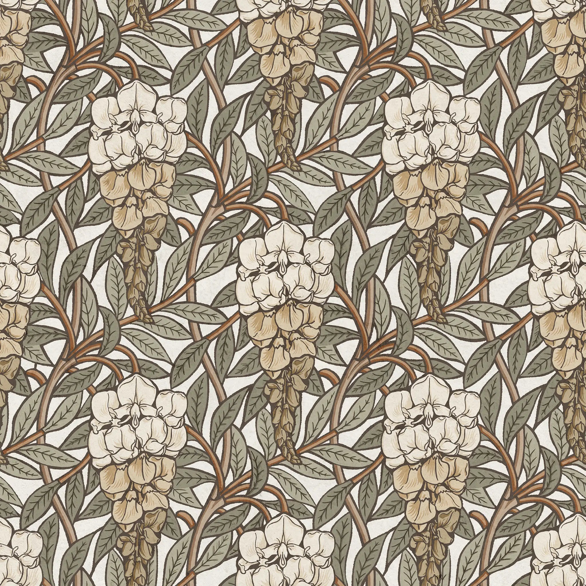 Floral pattern with subtle white-green flowers and beigge green leaves on a white background