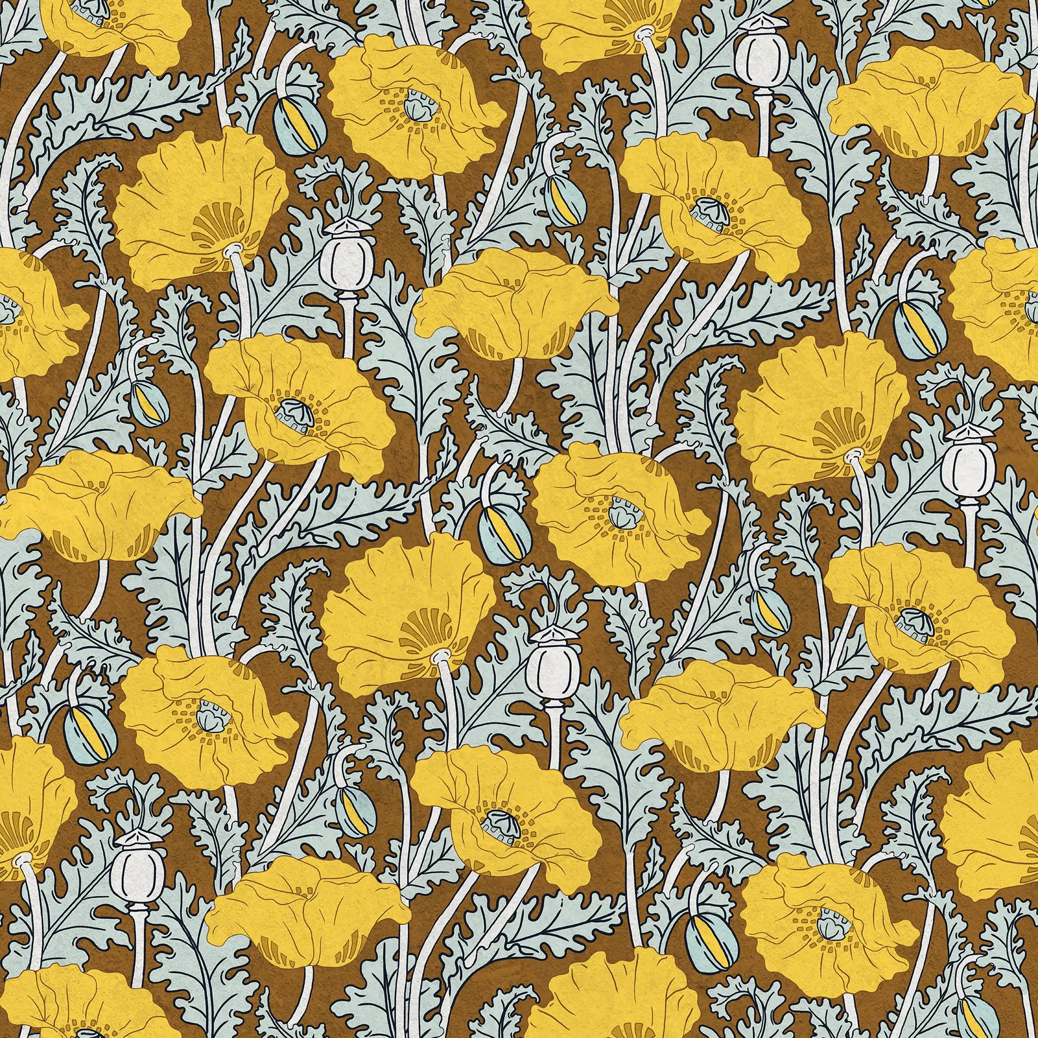 Patterned fabric with yellow flowers and green leaves on a brown background
