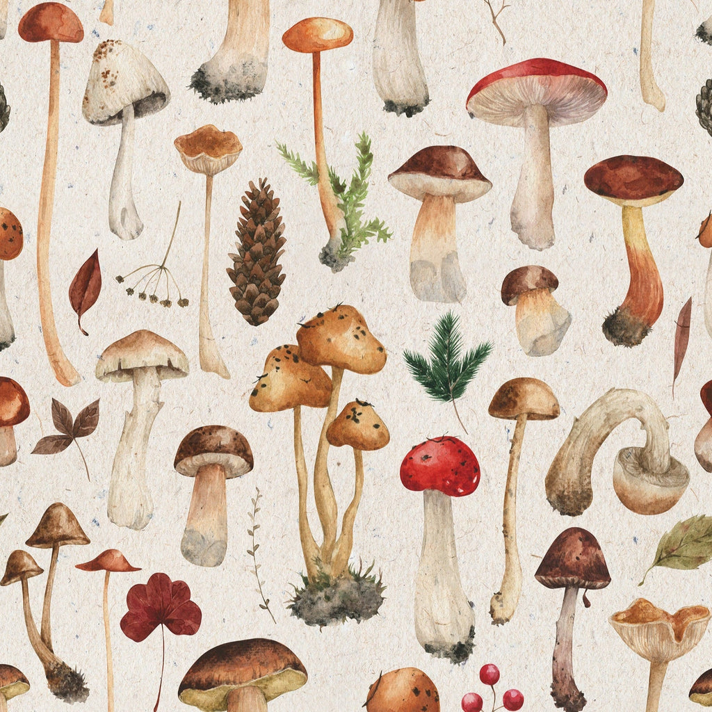 Pattern of various mushrooms and foliage on a beige background