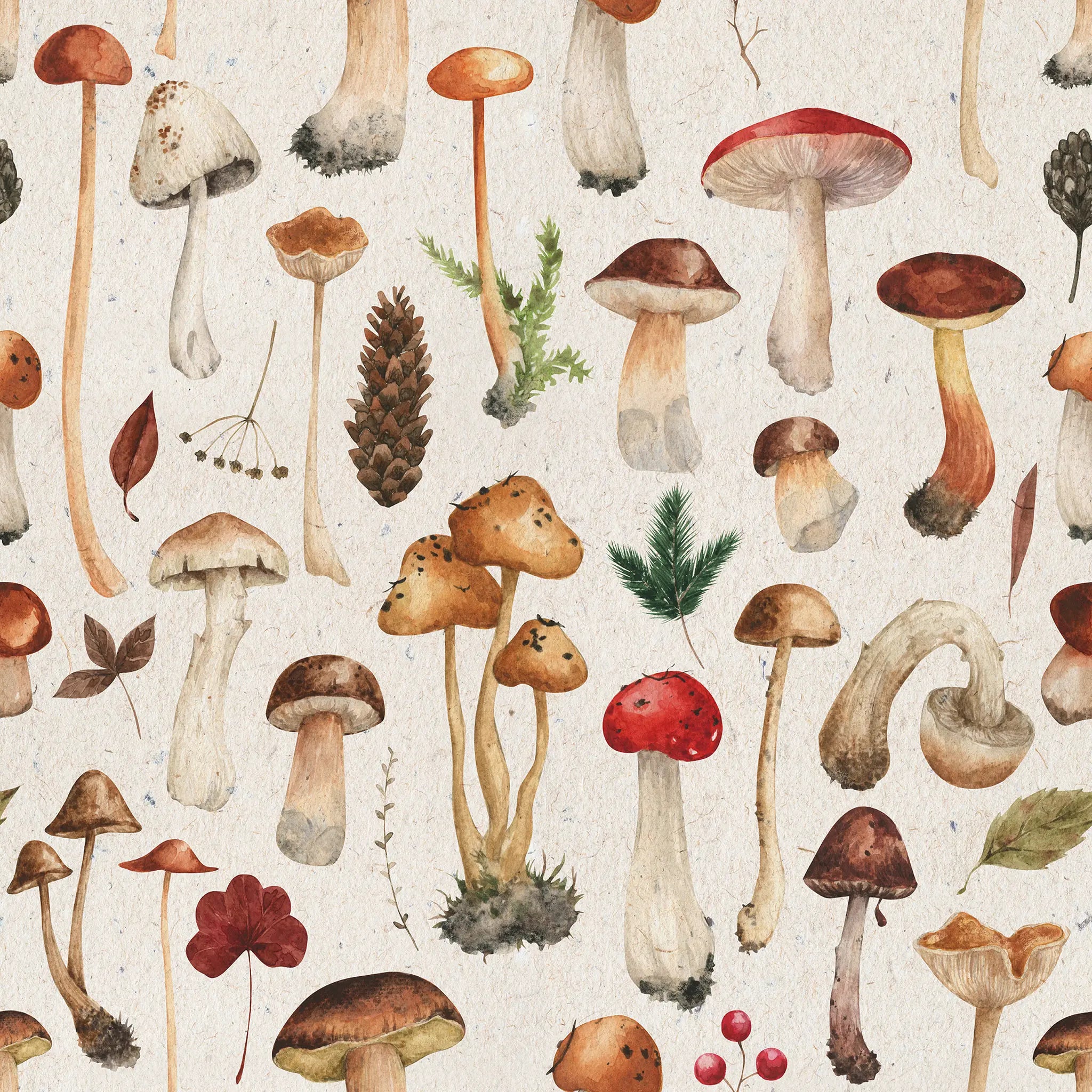 Pattern of various mushrooms and foliage on a beige background