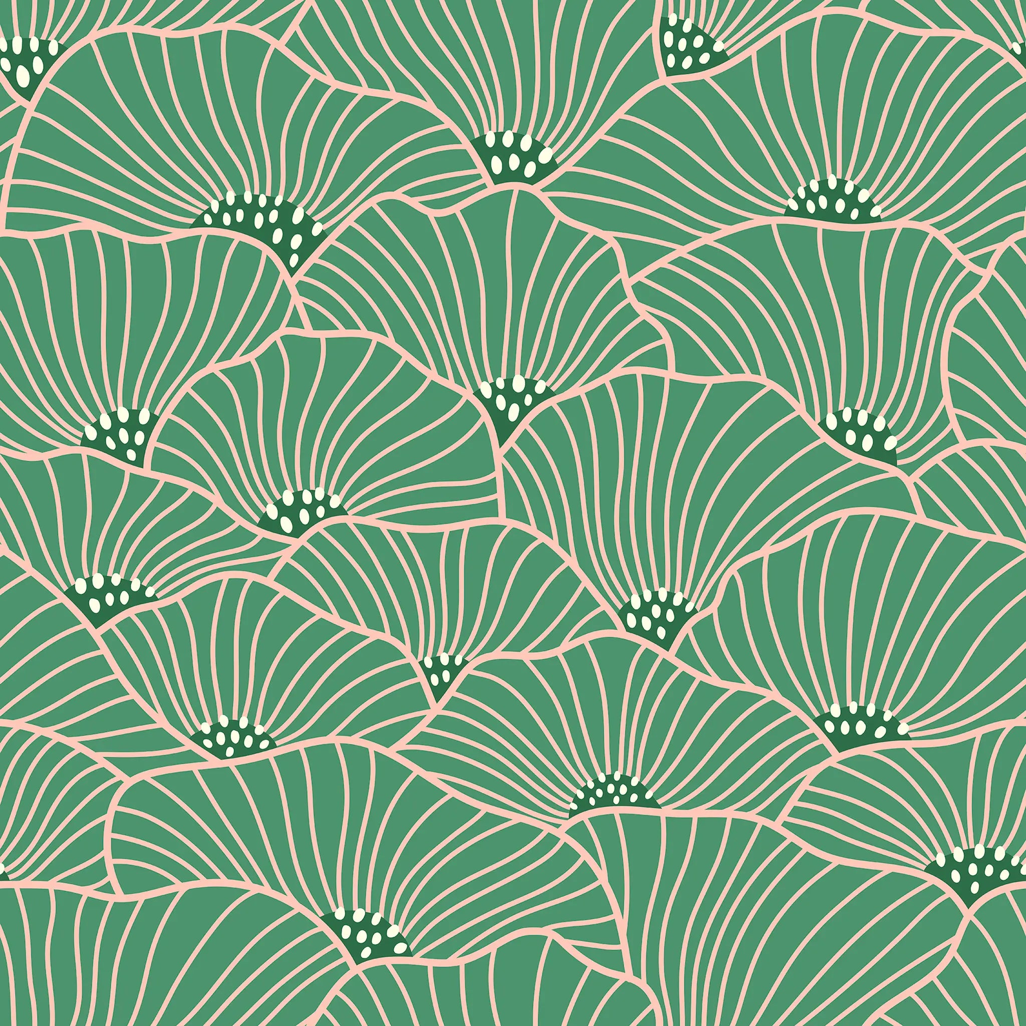 Pattern of fan shapes with white lines on a green background