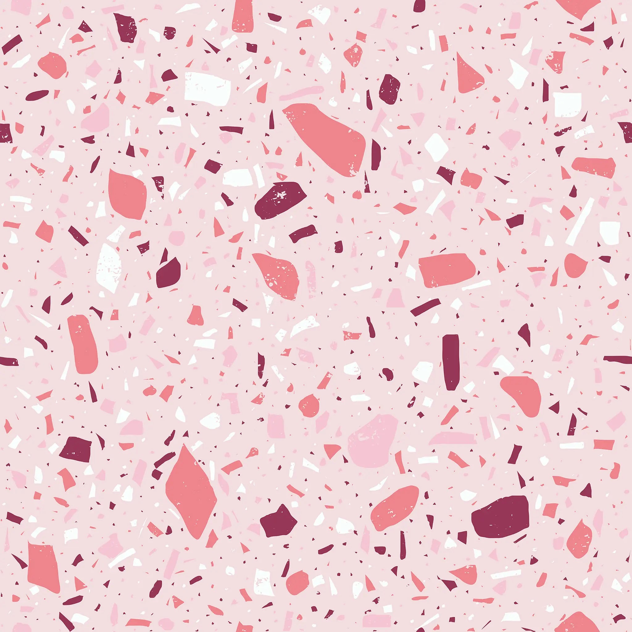 Pink terrazzo pattern with various shapes and sizes on a pink background