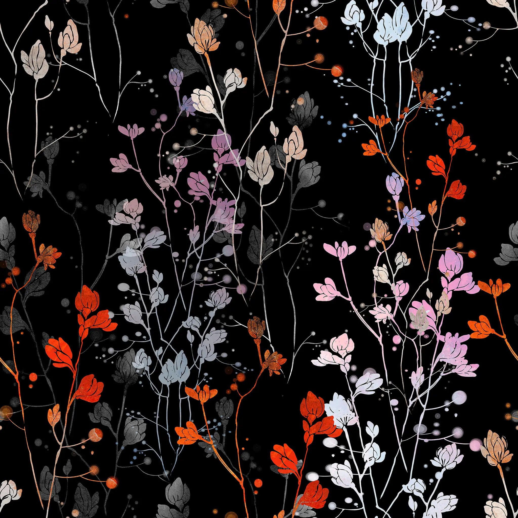Floral pattern with colorful flowers on a black background
