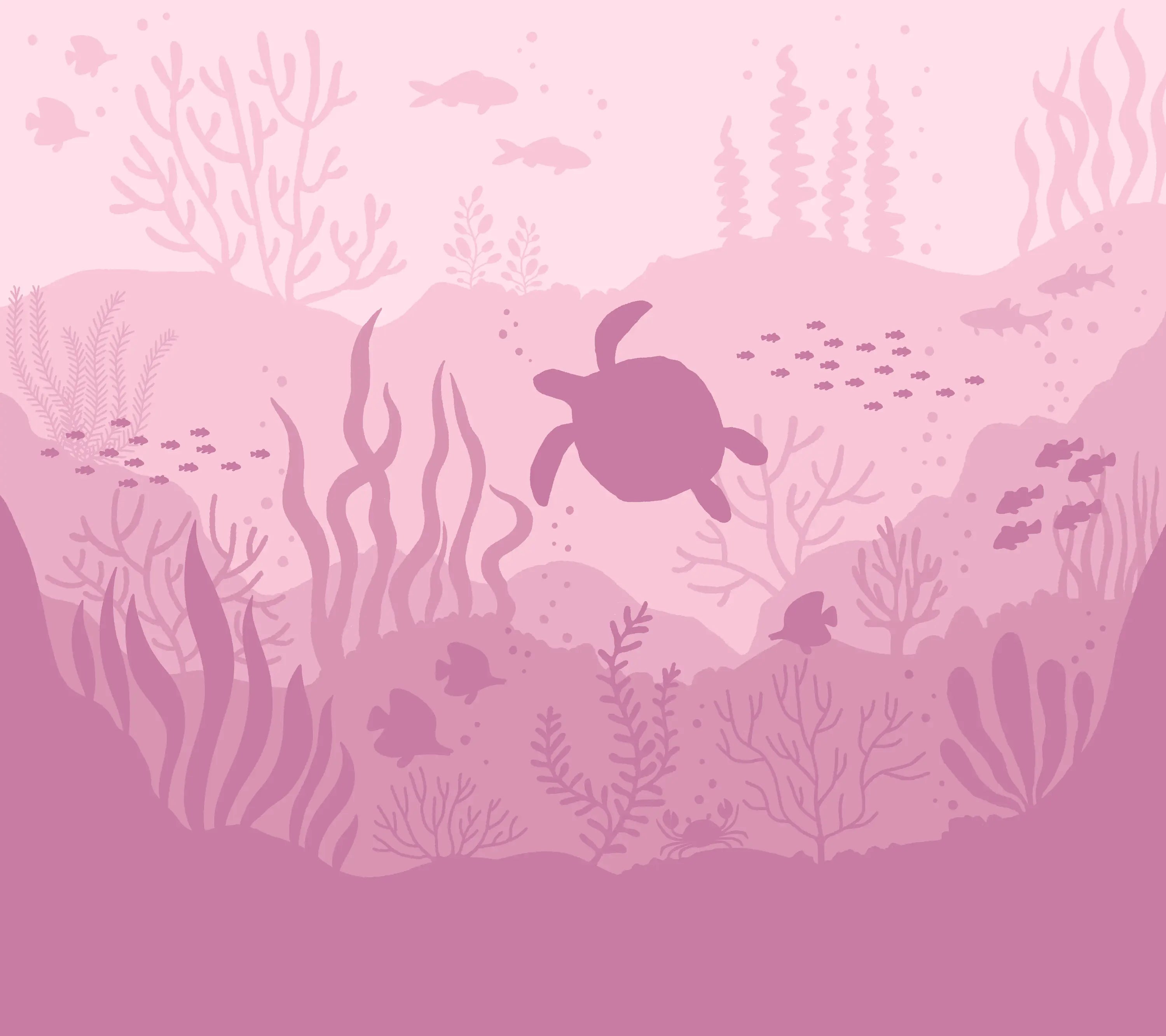 Underwater scene with a turtle and coral on a pink background