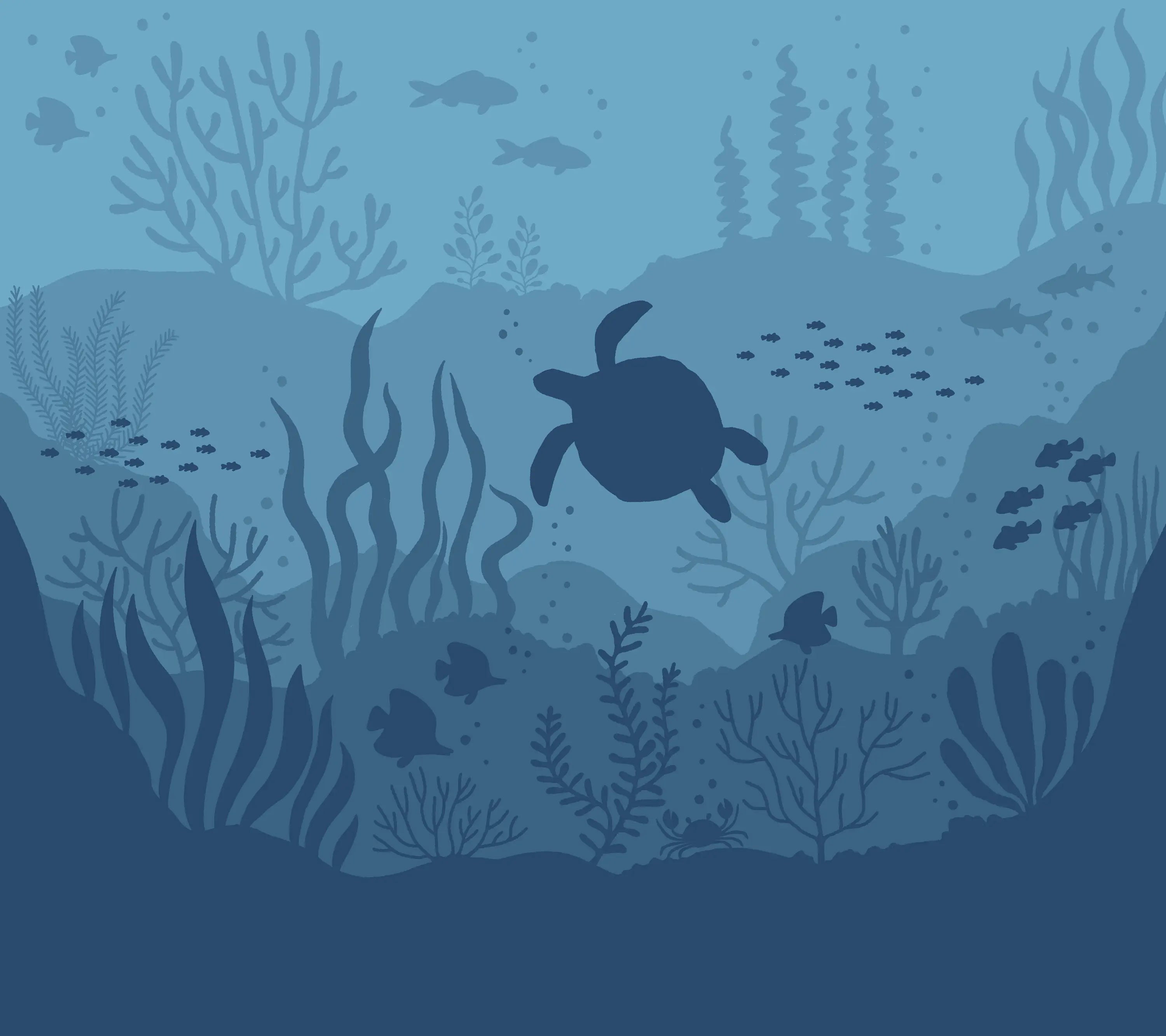 Underwater scene with a turtle and fish, featuring blue coral and plants.