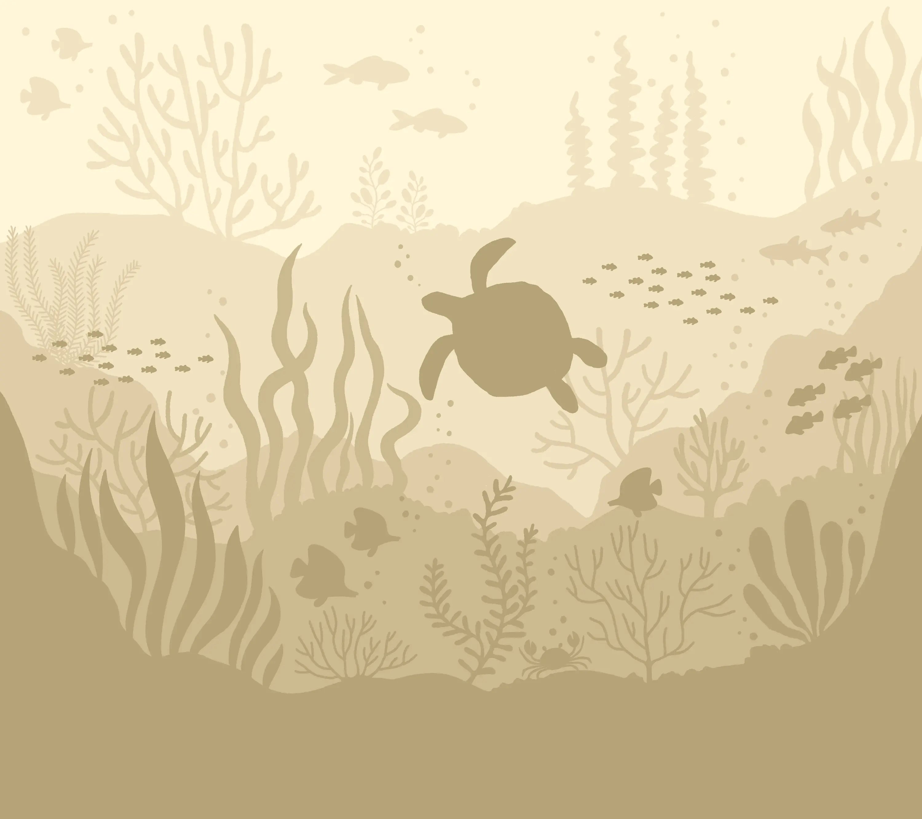 Underwater scene with a turtle and marine life on a beige background