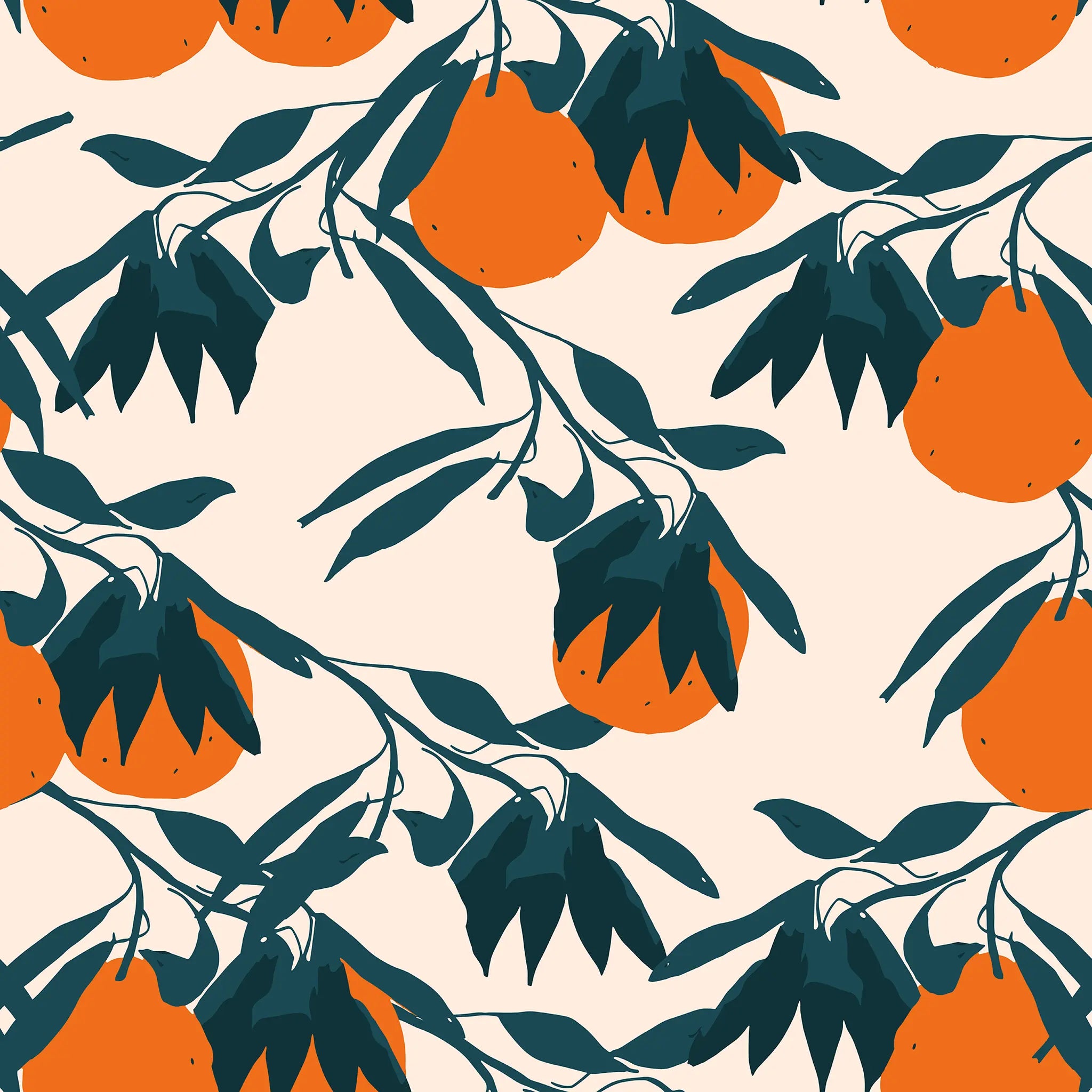 Pattern of oranges and leaves on a beige background
