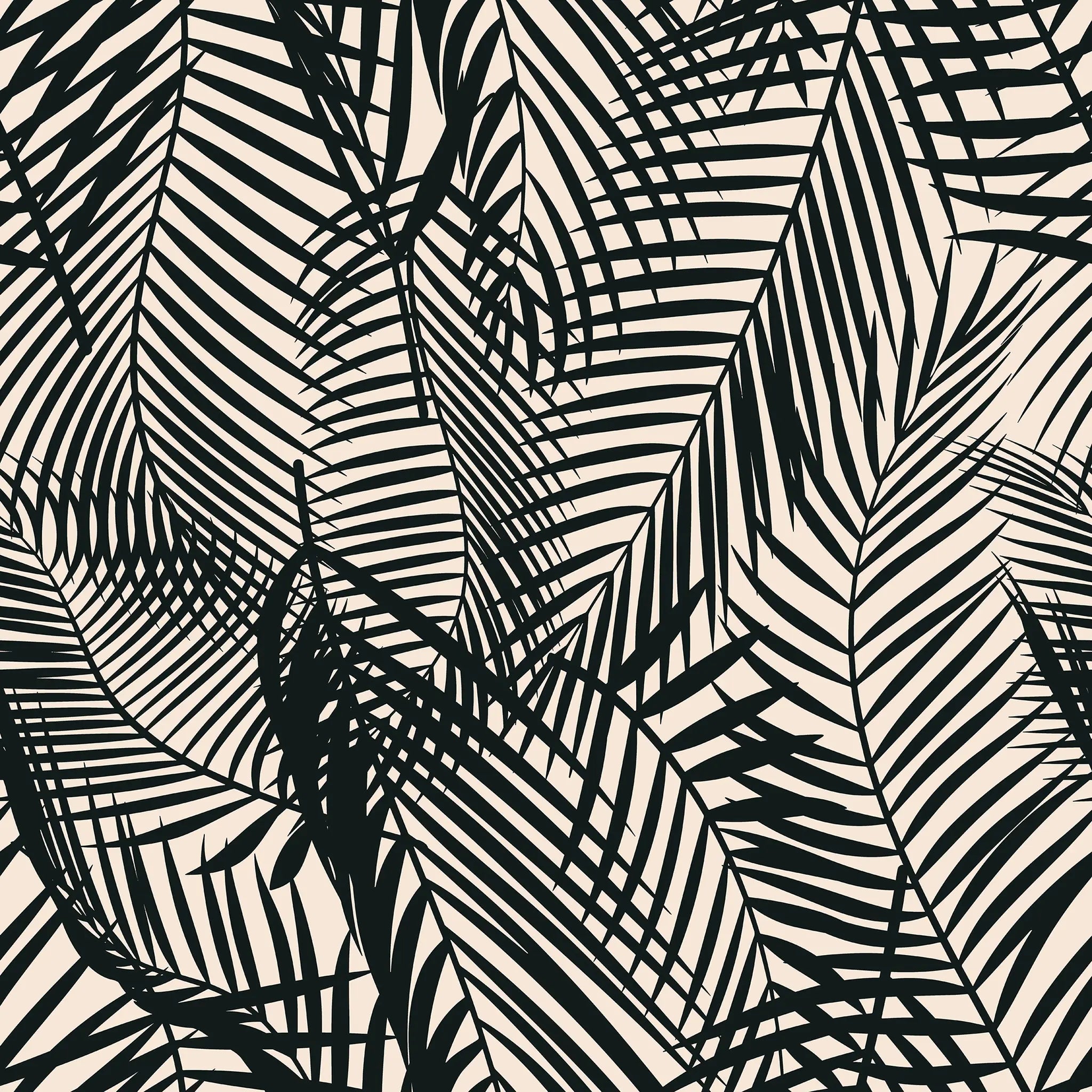 Black and white palm leaf pattern on a beige background